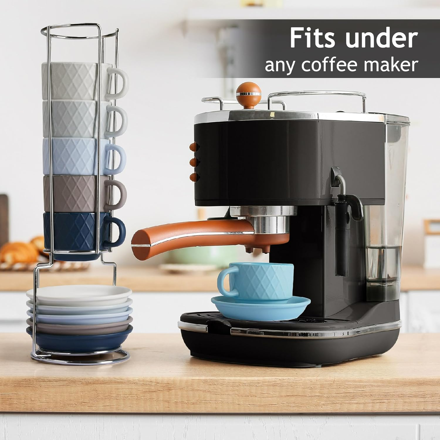 MIAMIO - 6 X 75 Ml Stoneware Espresso Mug, Cup Set Modern with Stand and Saucers - Palmanova Collection (Ocean Blue) - Magma Red image number 6