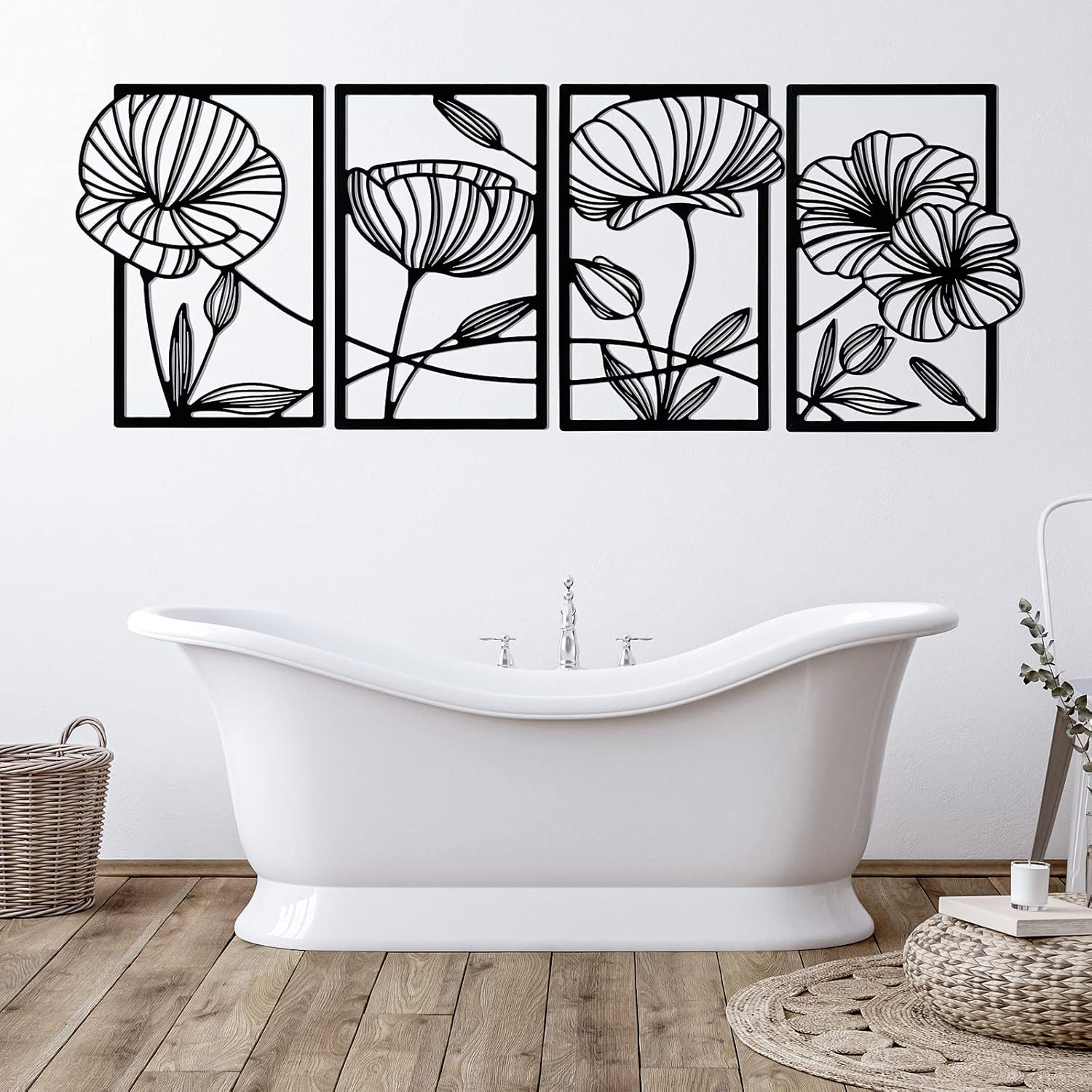 Cunno 4PCS Metal Line Art Wall Decor Living Room Metal Flower Minimalist Sculpture Modern Aesthetic Poppy Floral Minimalist Wall Hanging Bedroom Home Kitchen Bathroom 16.5X11.9'' (Black) DAY-234