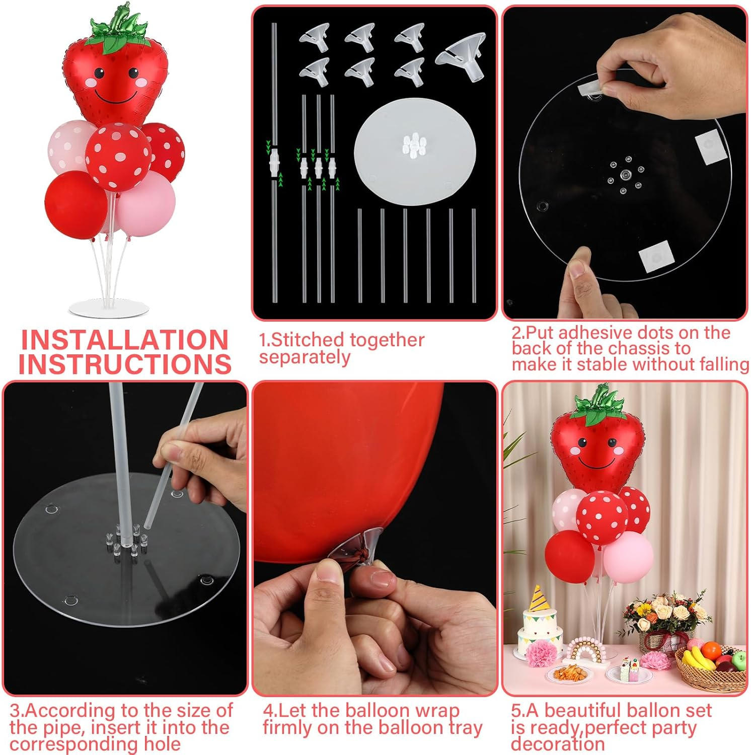 4 Sets Strawberry Party Balloons Stand Kit with Strawberry Foil Balloons Sweet Strawberry 1St Party Balloon Centerpiece for Tables for Girls Strawberry Birthday Baby Shower Decoration image number 5