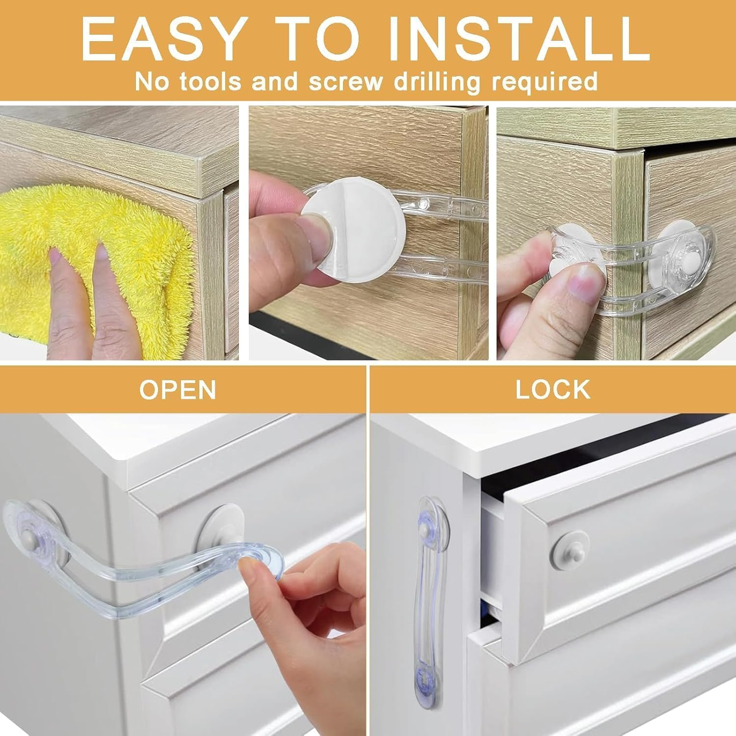 Cupboard Locks for Children, Child Locks for Kitchen Cupboards, Transparent Child Safety Cupboard Locks, without Drilling Strong Adhesive Cabinet Lock for Fridge, Cabinets, Drawers (16.5Cm, Pack, 20) image number 6