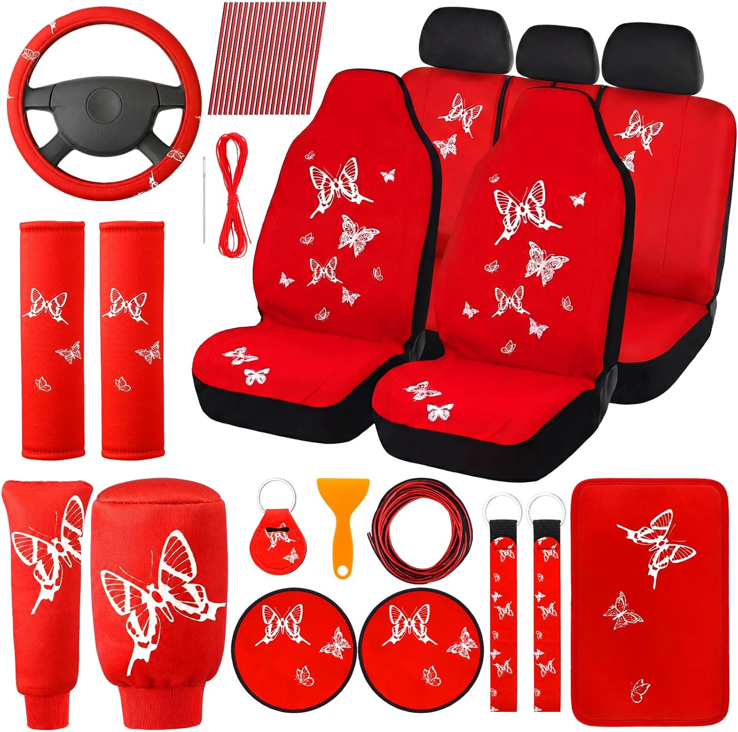 BBTO 43 Pcs Butterfly Car Seat Full Set Butterfly Car Accessories for Women 5 Front Rear Seat Covers Wrist Strap 2 Pieces Cup Mat Armrest Pad 2 Seat Belt Cover Accessories for SUV Car (Red, Black)
