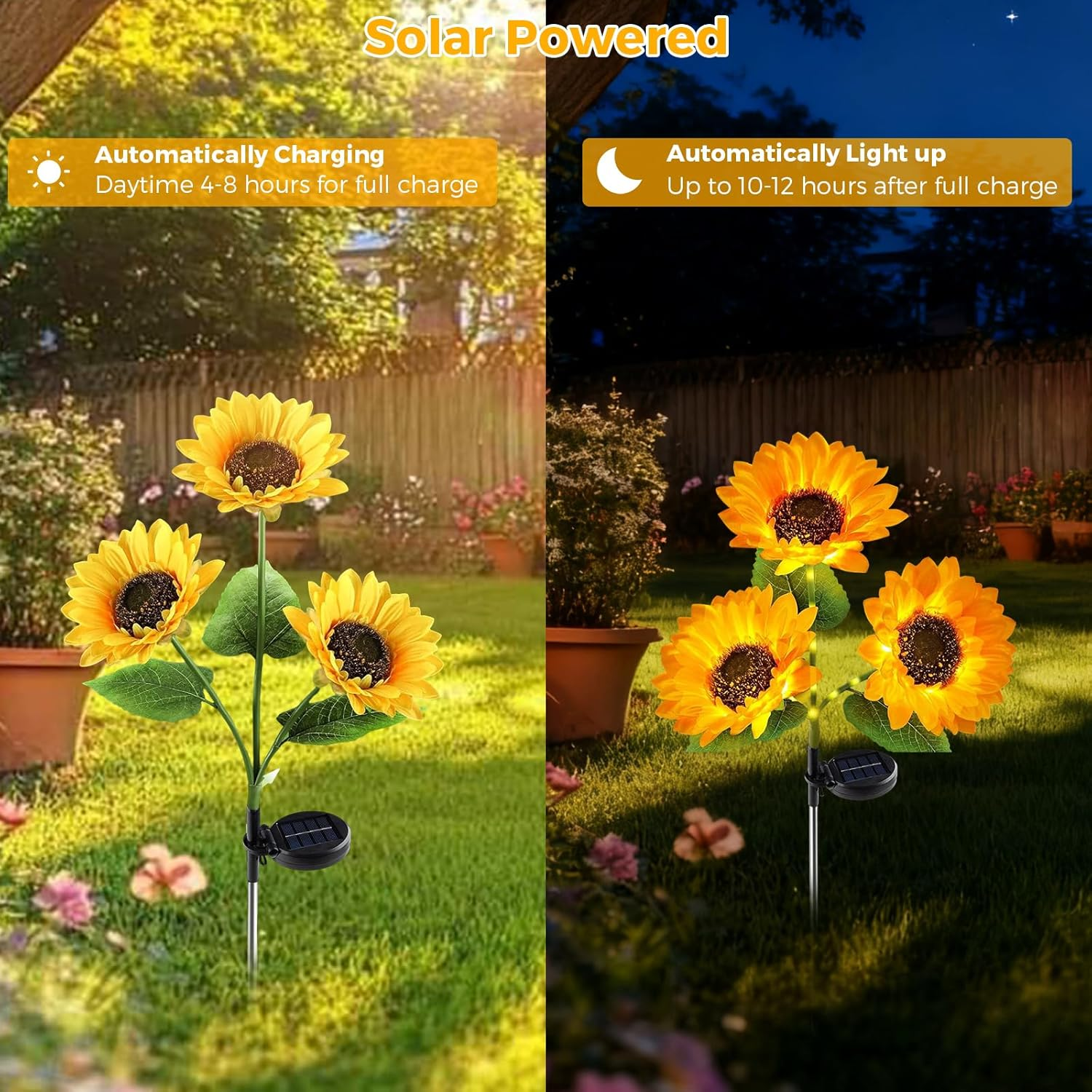 Pack of 2 Solar Sunflower Lights Outdoor, Waterproof Sunflower Solar Lights with 6 Artificial Sunflowers & Luminous Stems for Patio Garden Christmas Decoration