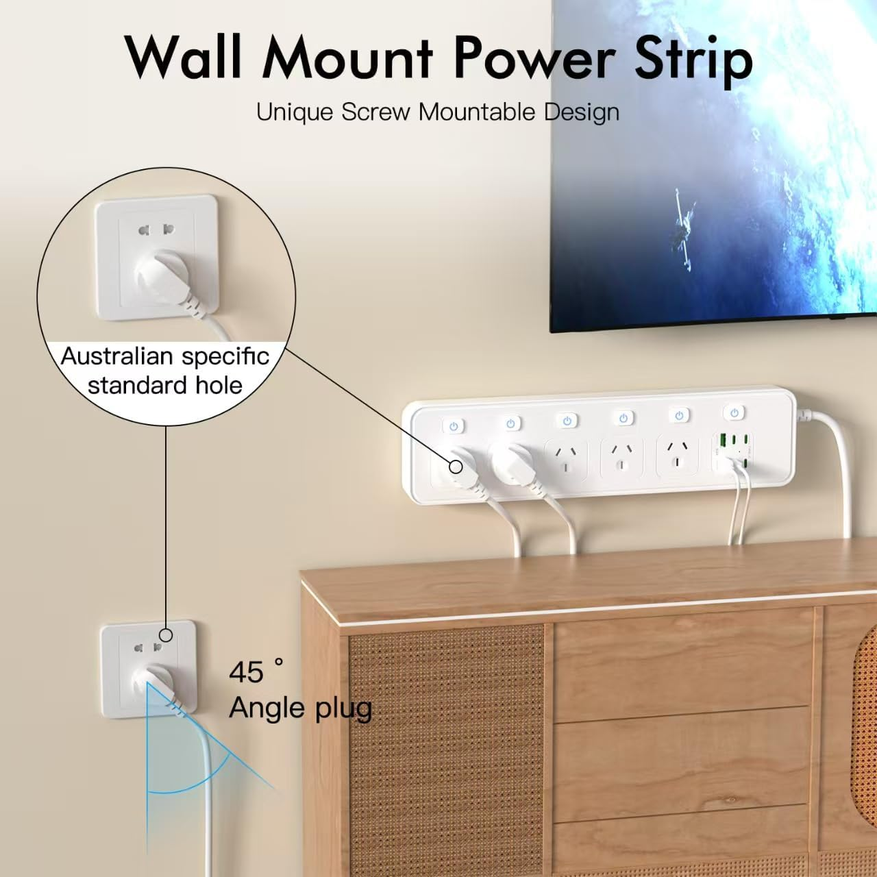 Power Board Individual Switch,11-In-1 Power Strip with 5 AC Outlets, Surge Protector Powerboard with 6 USB Ports(4 USB C Outlets), 1.8M Extension Cord Power Strip,Wall Mount for Home Office White image number 3