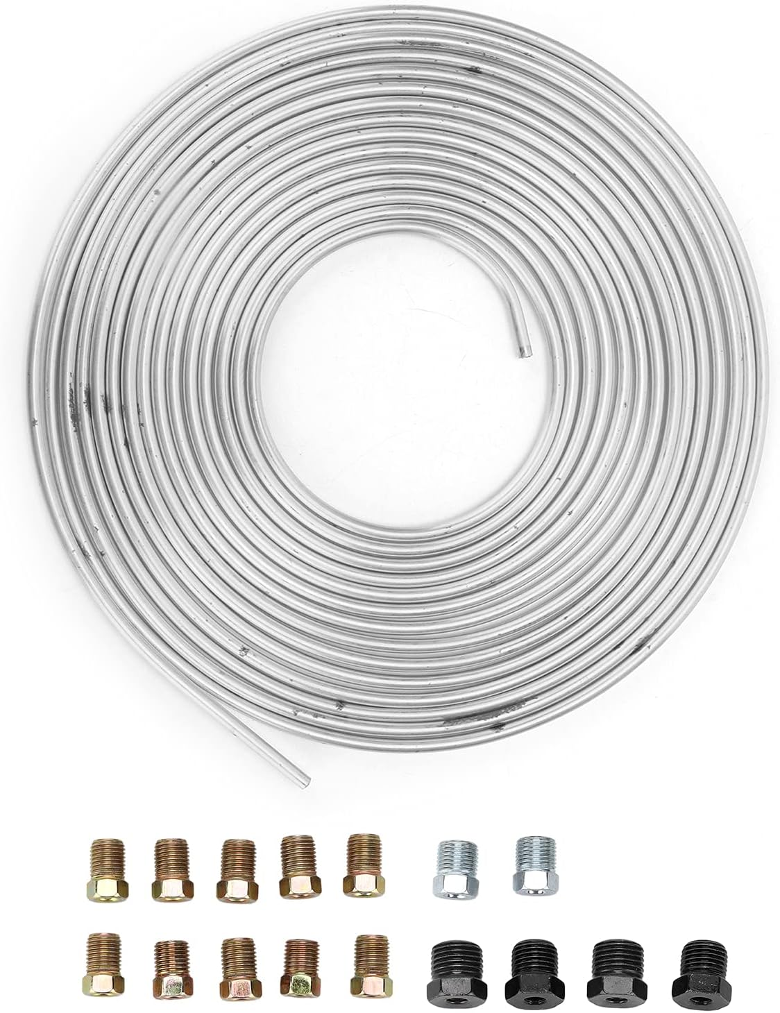 25Ft Brake Line Tubing, Copper Nickel Plated, 3/16In OD with Fittings, for Hydraulic Braking Fuel System, Silver image number 1