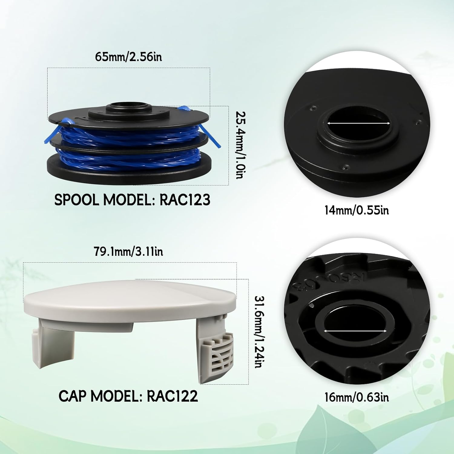 5PCS RAC123 5132002671 1.6Mm X 8.3M Trimmer Spool for Ryobi RLT4027, RLT4125, RLT5027, RLT6030, RLT5127, RLT6130-5132000 2 2670 with RAC122 Cap image number 2