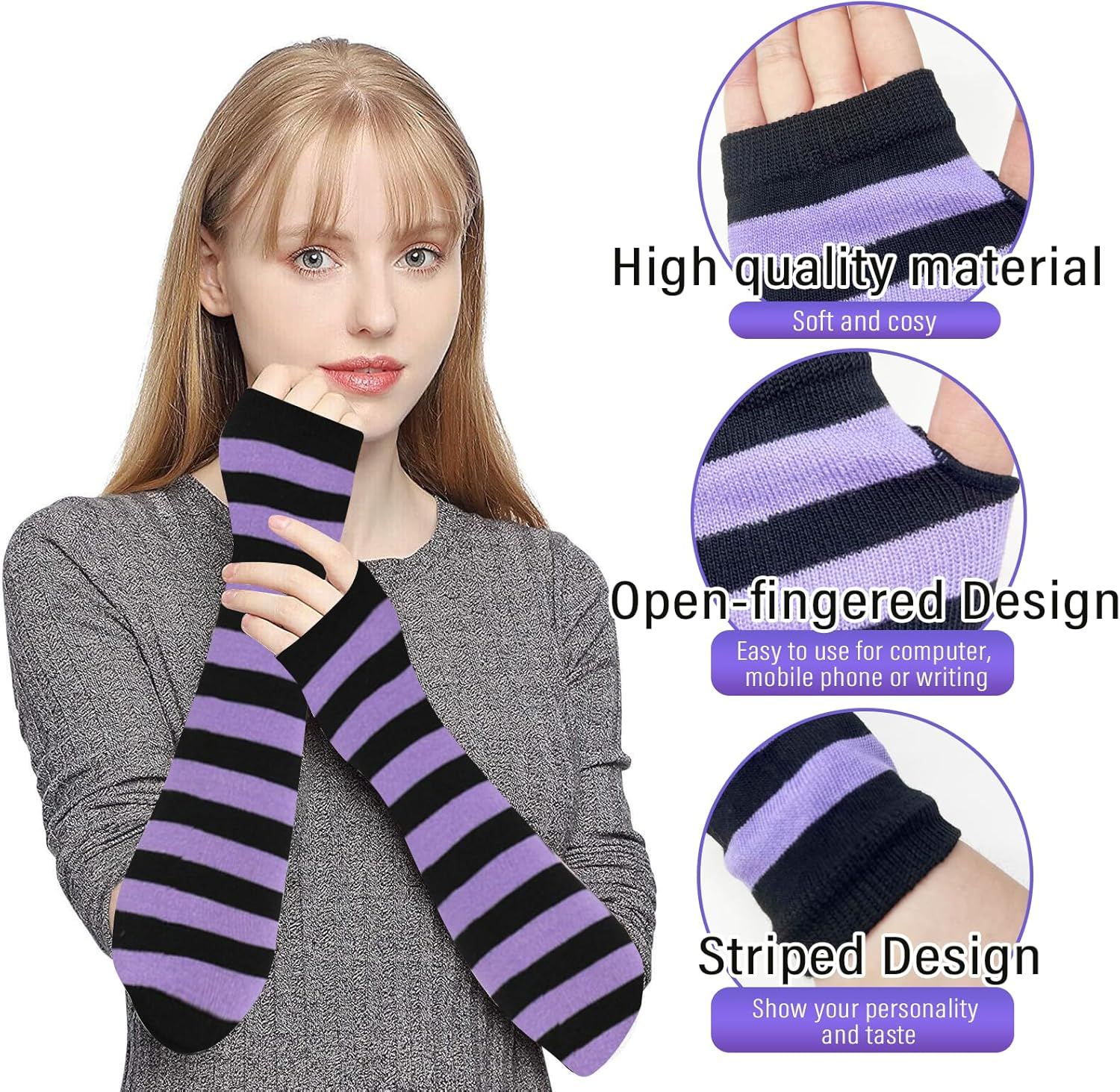 1 Thigh High Socks with 1 Fingerless Gloves,Cute Stripe Long Knee High Socks, Funny Soft Leg Warmers for Novelty Party Halloween Cosplay Stage - Black White image number 4