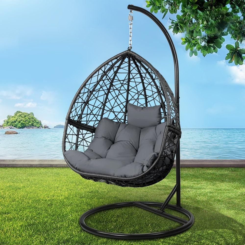 Gardeon Outdoor Egg Swing Chair Rattan Black Garden Bench Hanging Seat, Patio Baconly Furniture Chairs, with Cushions Stand Wicker Basket Water Resistant 150Kg Capacity image number 6