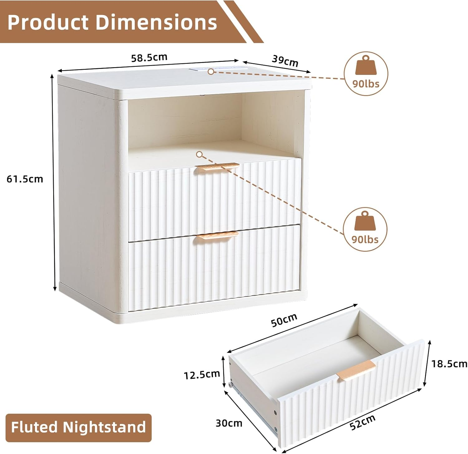 LELELINKY 58 X 39 Cm Fluted Bedside Table with 2 Drawers,Modern White Bed Side Tables Storage Chest of Drawers with Open Shelf,Wood Nightstand Cabinet with Metal Handles for Bedroom,Living Room image number 5