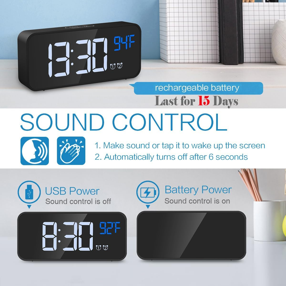 【2026 Newest Upgraded】 AMIR Digital Alarm Clock with Large Led Temperature Display, Portable Alarm Clock Digital, Snooze Time, Four-Level Adjustable Brightness Dimmer, 13 Music for Table Bedroom - White image number 2