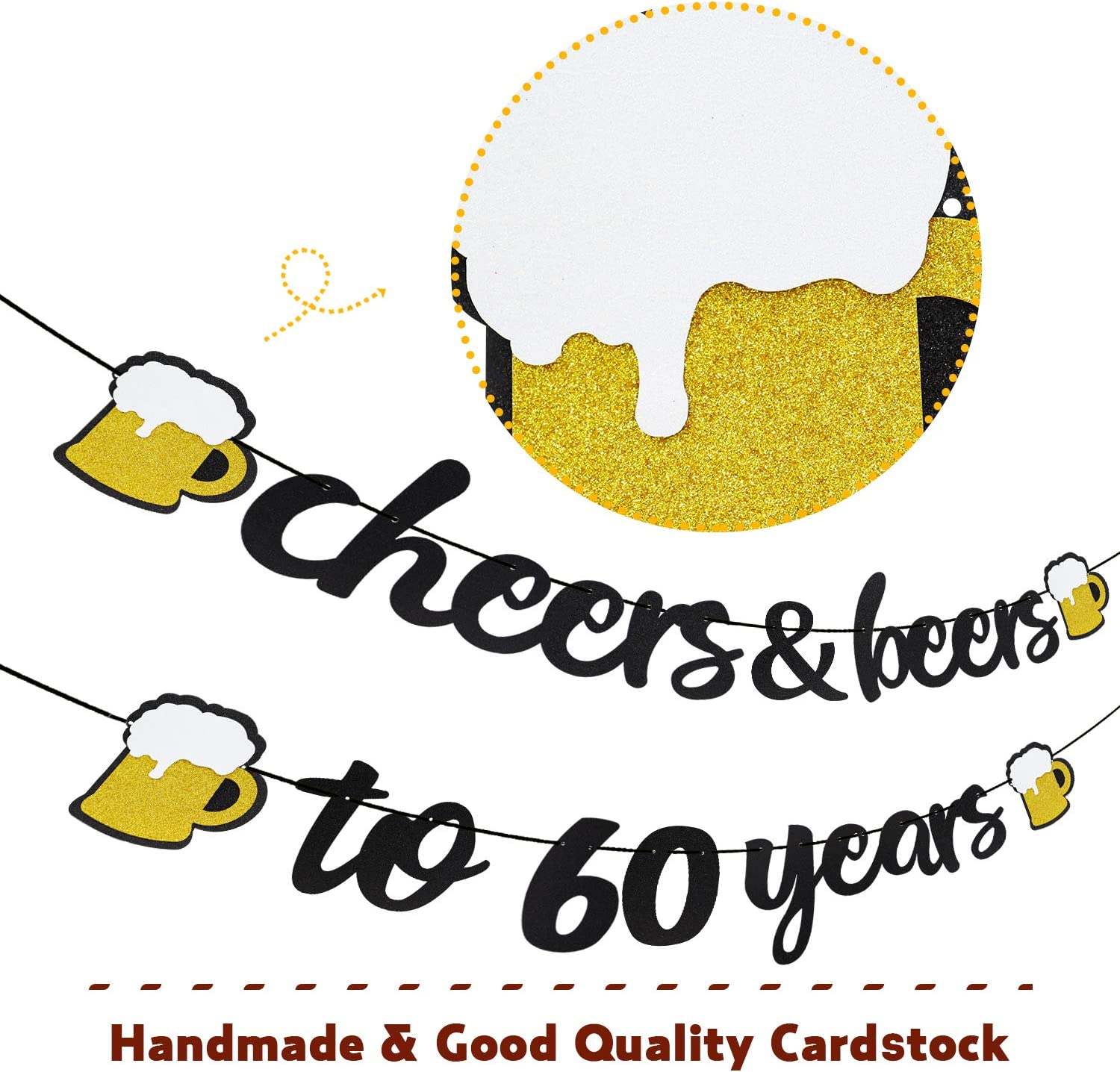 Cheers & Beers to 60 Years Black Glitter Banner for 60Th Birthday Wedding Aniversary Party Supplies Decorations - PRESTRUNG image number 2