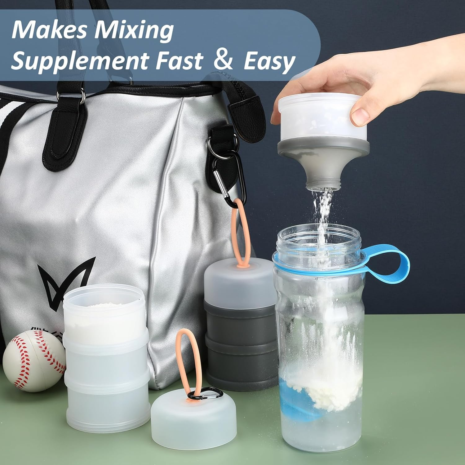 Baderke 2 Pcs Protein Container with Funnels Stand, 4 Stackable Leakproof Dispenser, Portable Keychain Container for Workout, Fitness, Travel (Gray, White) image number 2