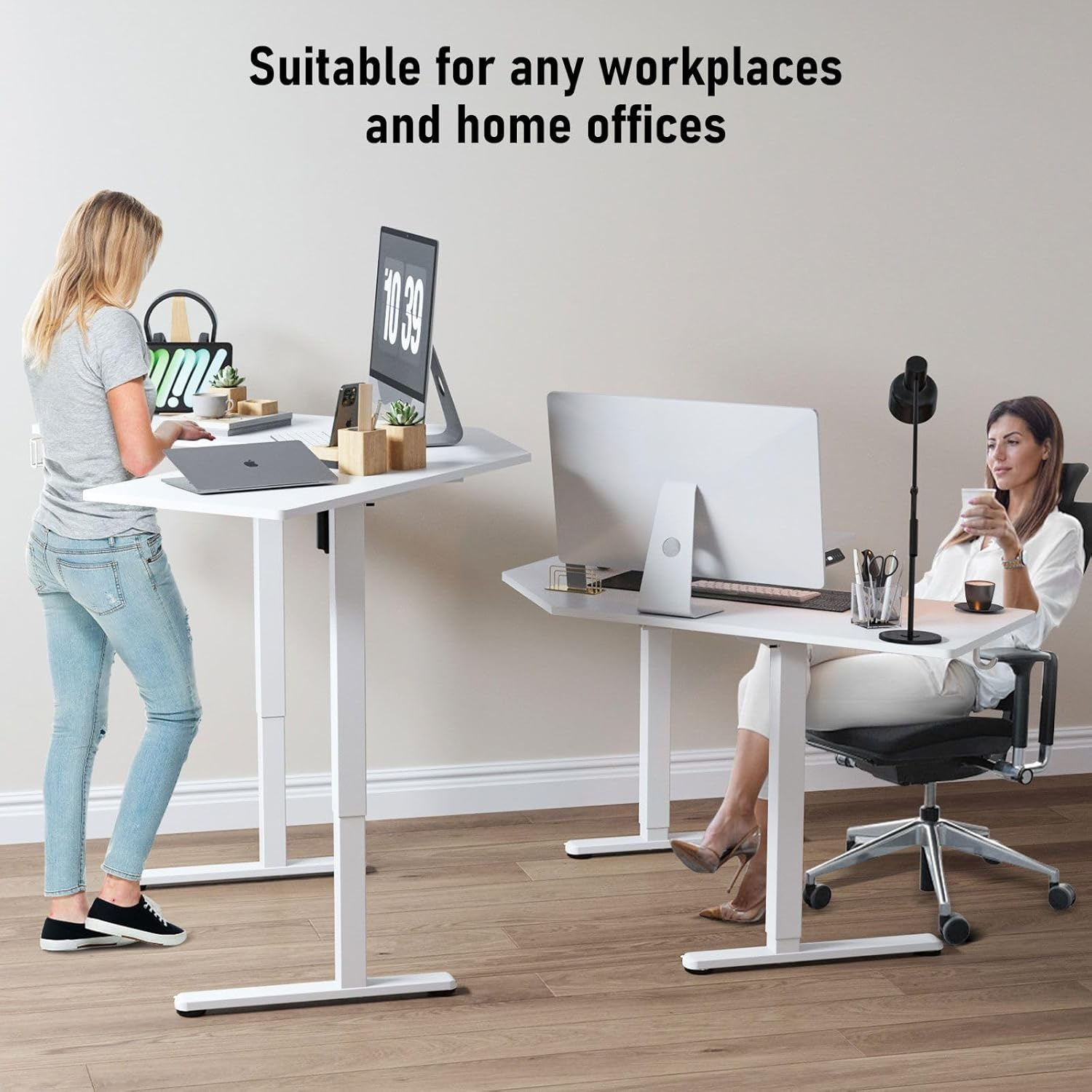 Luxsuite Electric Standing Desk L Shaped Sit Stand up Table Desktop Desk Motorised Height Adjustable Rising Computer Office Sturdy Workstation USB & Type C & Headphone Hook, Cup Holder 120X120Cm White - Black image number 4