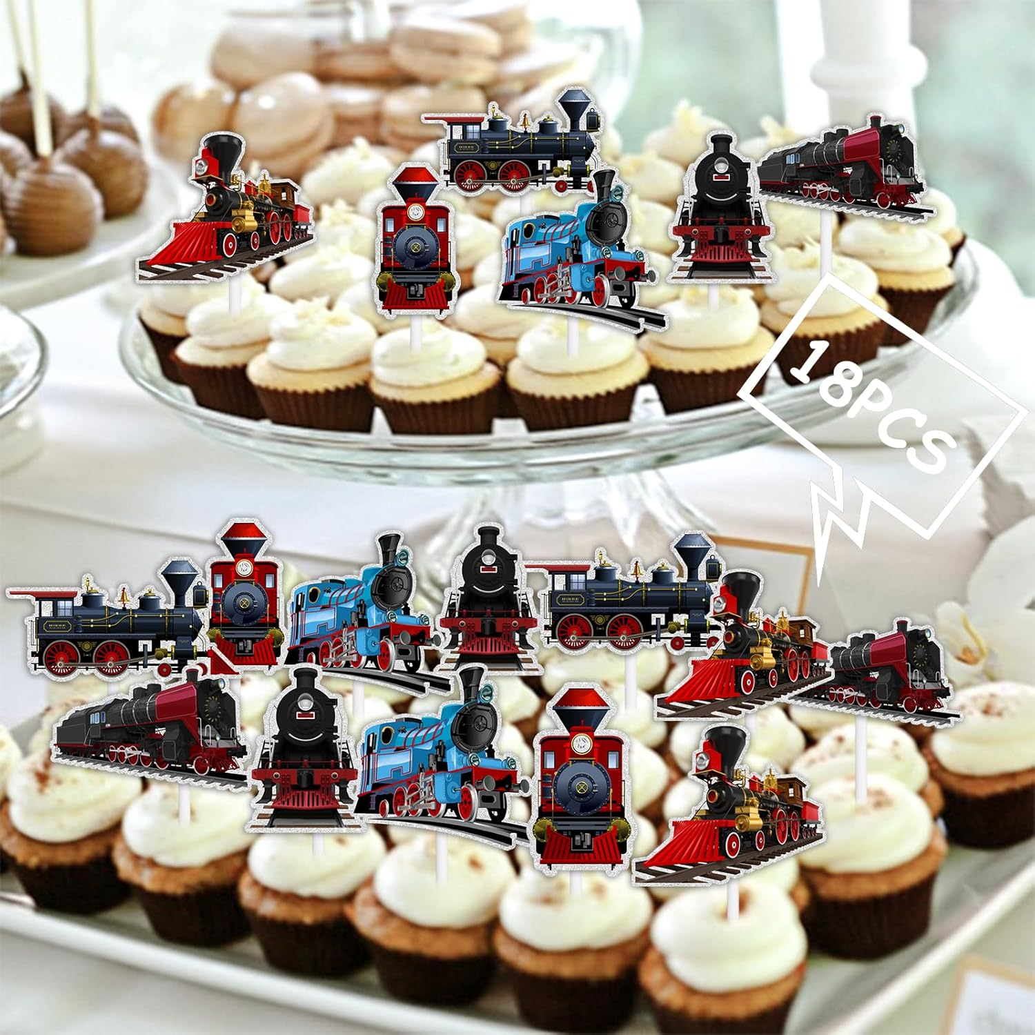 Glitter Dessert Cupcake Topper Cheer to Transportation Train Railroad Crossing Theme Decorations Supplies Baby Shower Children Boy Girl Happy Birthday Party Decor Set 18Pcs image number 2