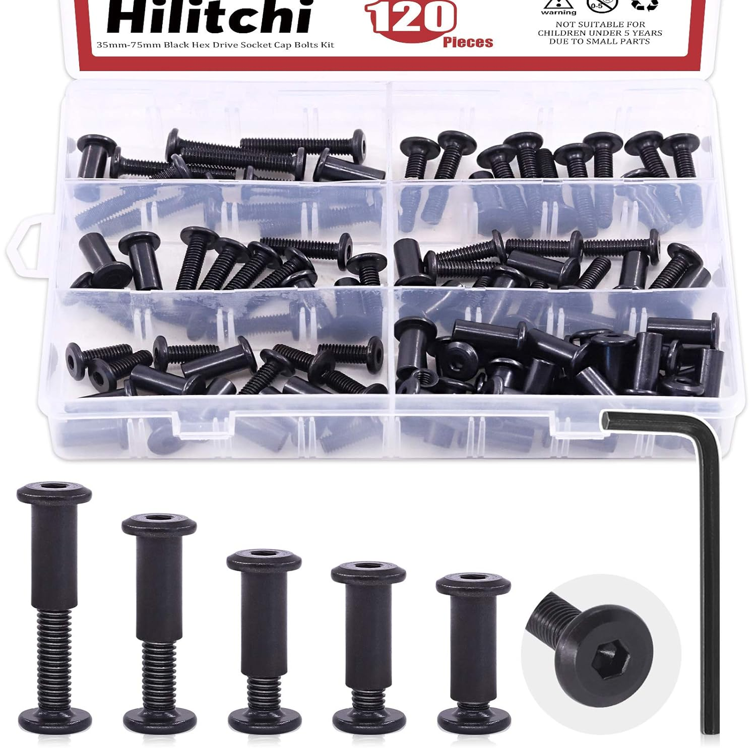 Hilitchi 120Pcs M6 Hex Drive Socket Cap Bolts Kit Countersunk Head Screws Bolts Dowel Barrel Nuts Crib Nuts Assortment Kit for Furniture Hardware Fitting (16/20/25/30/35Mm)