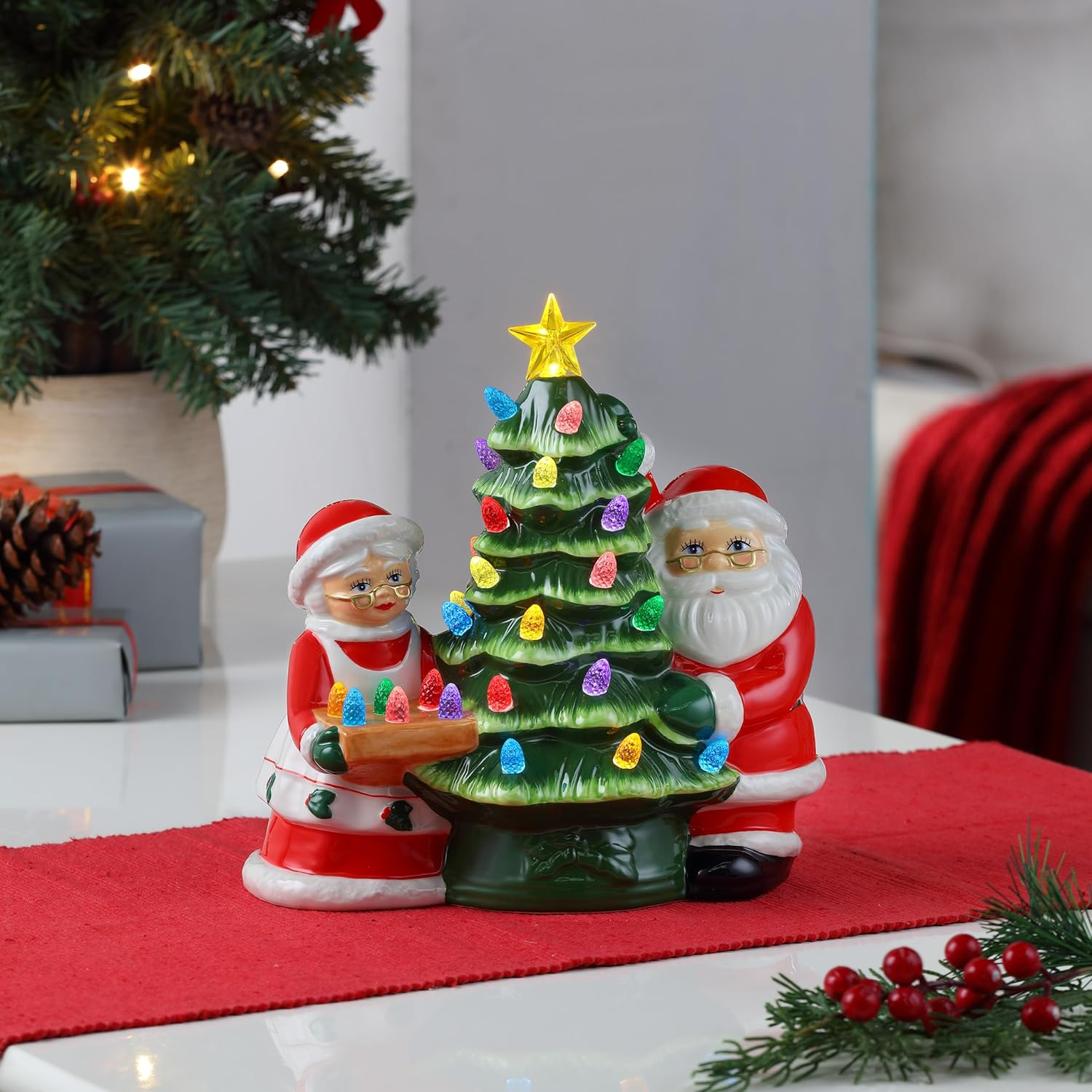 Mr. Christmas Nostalgic Ceramic Christmas Tree with LED Lights, Indoor Christmas Decoration, 9.5 Inches, Mr. & Mrs. Santa Claus image number 1