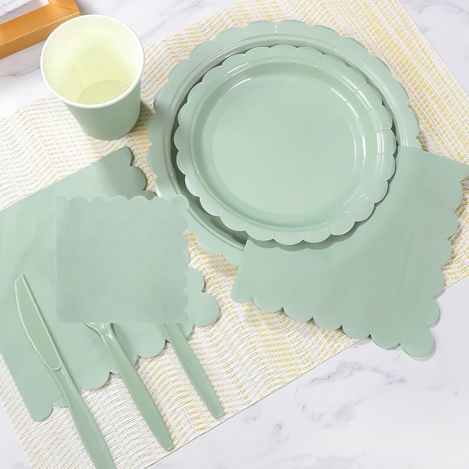 68 Pcs Sage Green Paper Plates and Napkins, 16 Guest Sage Green Party Supplies Include Sage Green Scalloped Plates Paper Cup Spoons for Baby Shower, Wedding, Birthday Dinner Picnic Camping Party image number 3