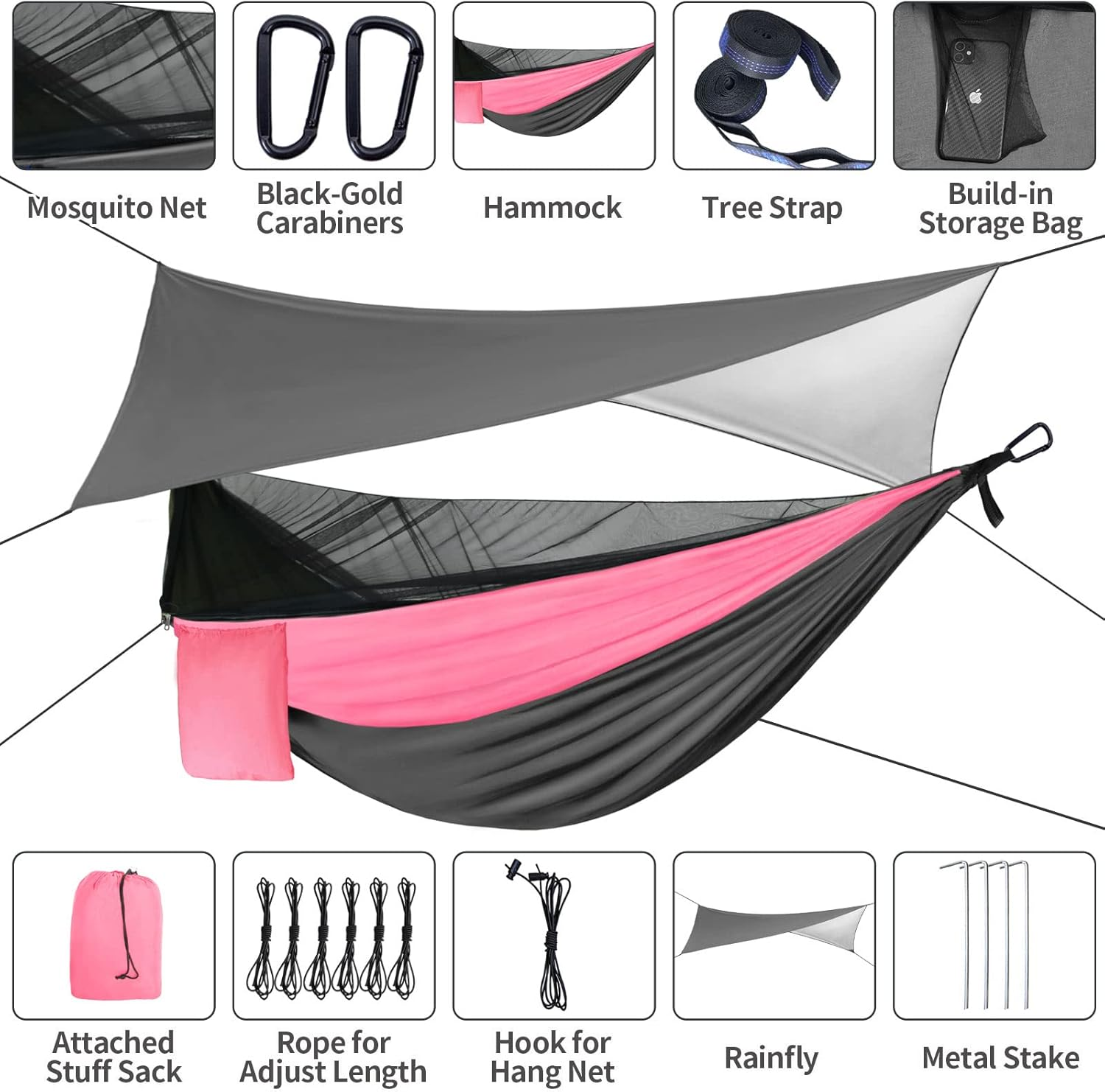 Camping Hammock Pink Grey Hammocks with Mosquito Net Tent and Rain Fly Tarp Portable Single & Double Nylon Parachute Hammock with Heavy Duty Tree Strap Outdoor Backpacking Survival Travel - Blue image number 4