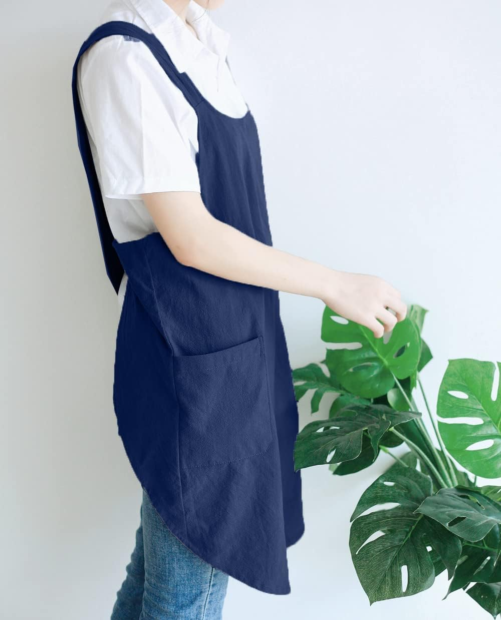 Soft Cotton Linen Apron Cross Back X-Shaped Japanese Style Pinafore Dress for Cooking, Housewarming, Daily Chores
