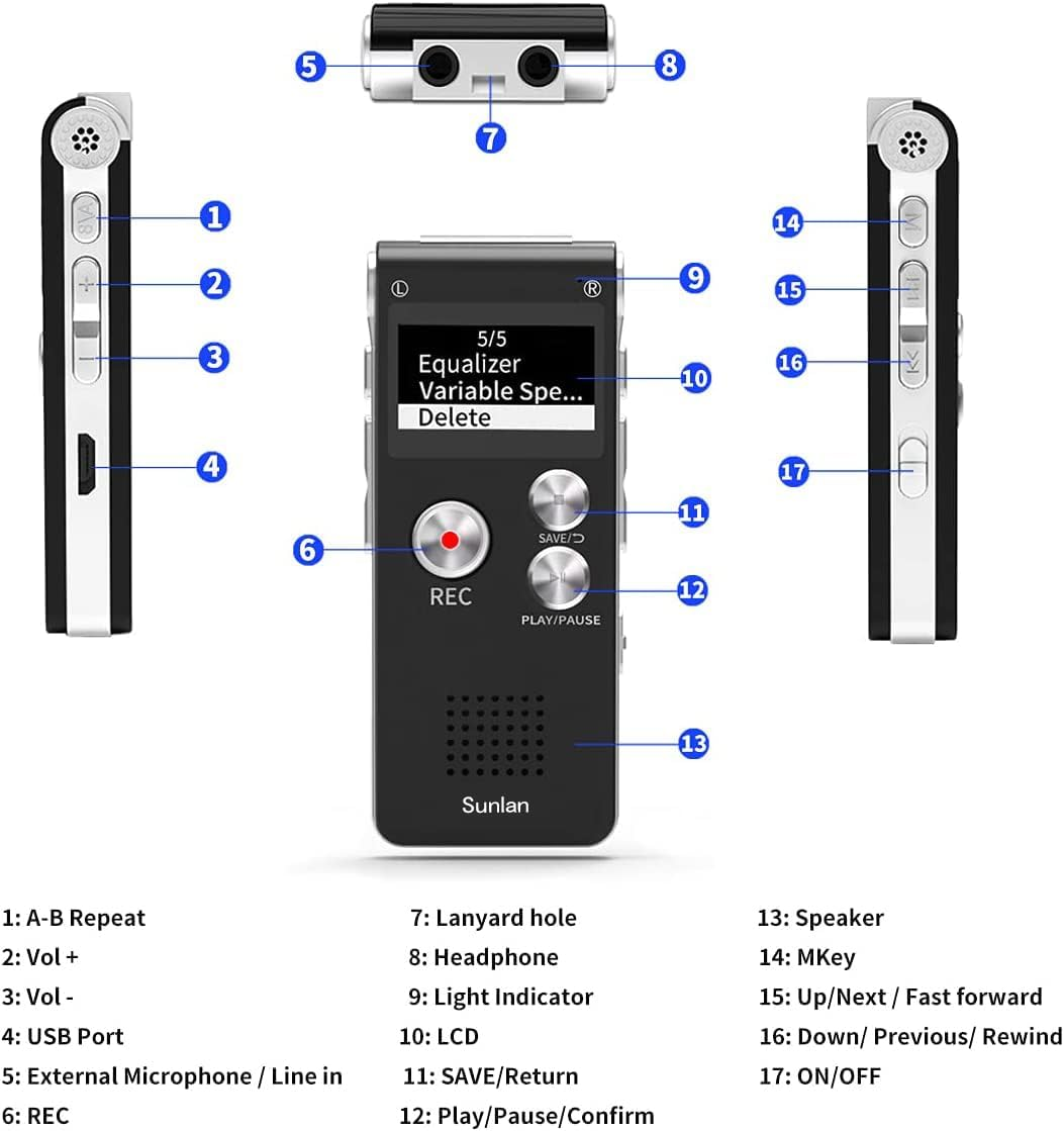 Digital Voice Recorder 16GB Voice Activated Recorder with Playback for Lectures - USB Rechargeable Dictaphone Sound Audio Recorder image number 6