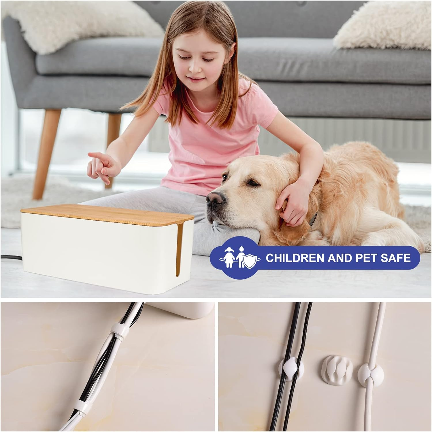 Cable Management Box - Wooden Style Large Cord Organizer Box to Hide Wires & Power Strips | Desk Computer Cable Organizer Box | Safe ABS Material |16" (L) X 6.2" (W) 5.3" (H)|For Home & Office - White