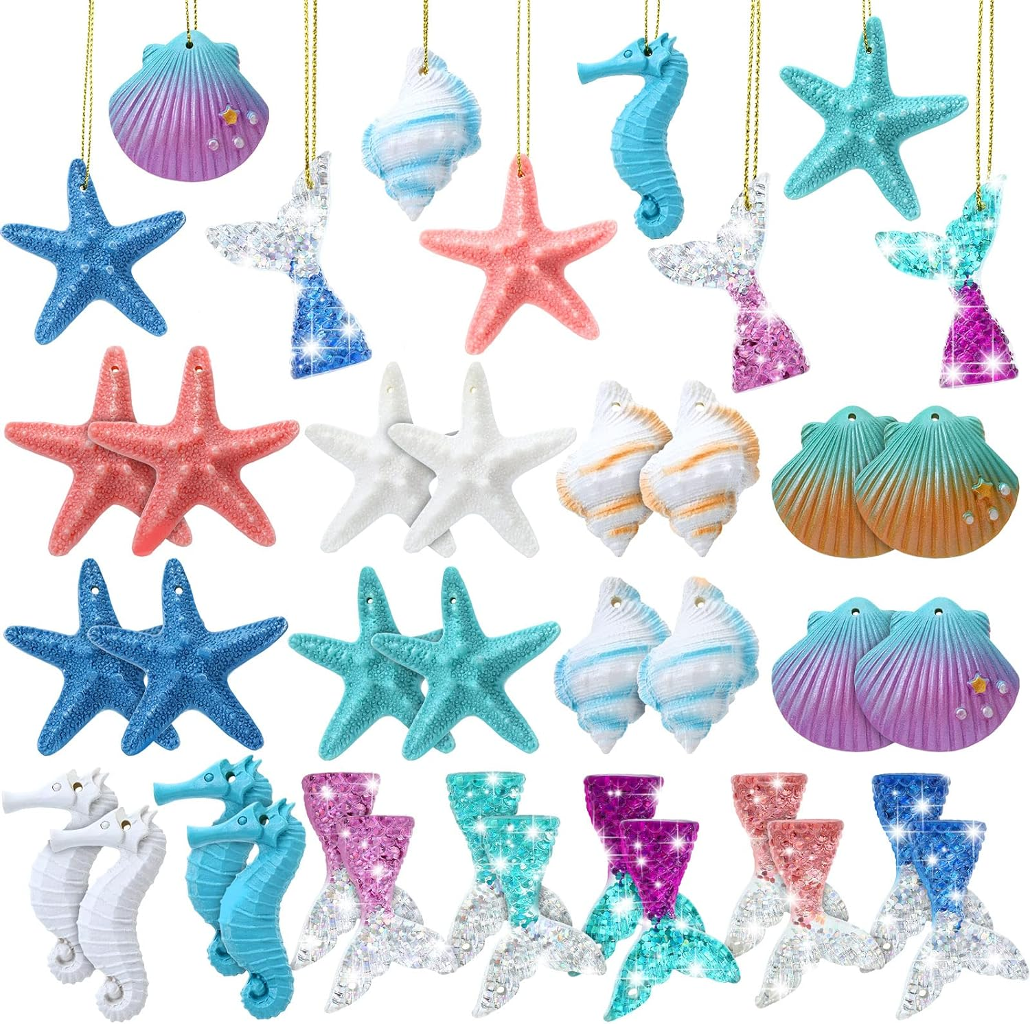 Yerliker 36 Pcs Beach Ocean Christmas Ornaments Starfish Resin Bulk Multicolored Ocean Themed Hanging Decor for Nautical Wedding Fish Net Decorations Bathroom Home Tree Wall Decor image number 3