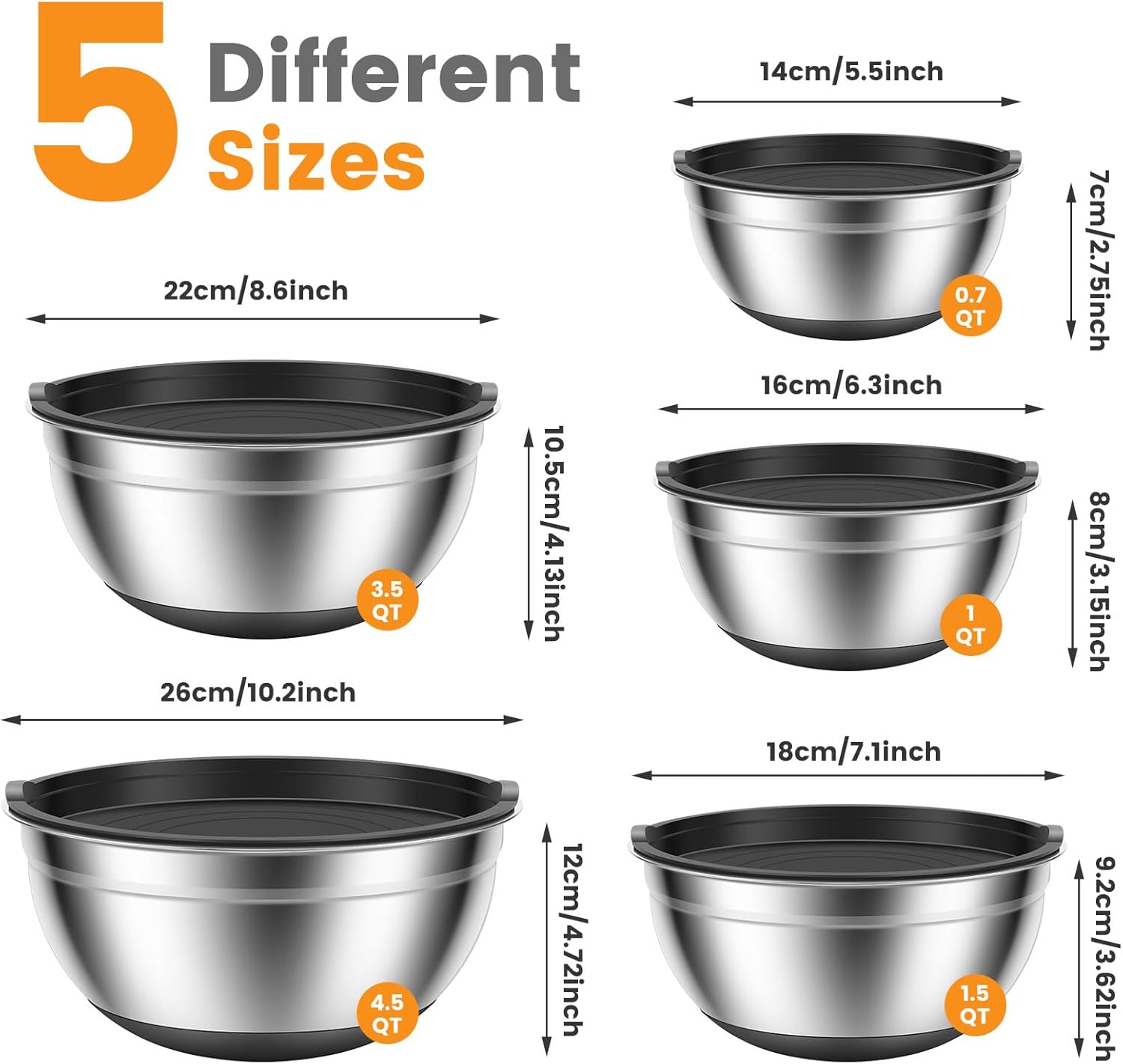 Set of 5 Mixing Bowls with Lids Stackable Stainless Steel Nesting Bowls with Non-Slip Bottoms for Kitchen Mixing Baking Prepping Cooking Serving (Set of 5) image number 6