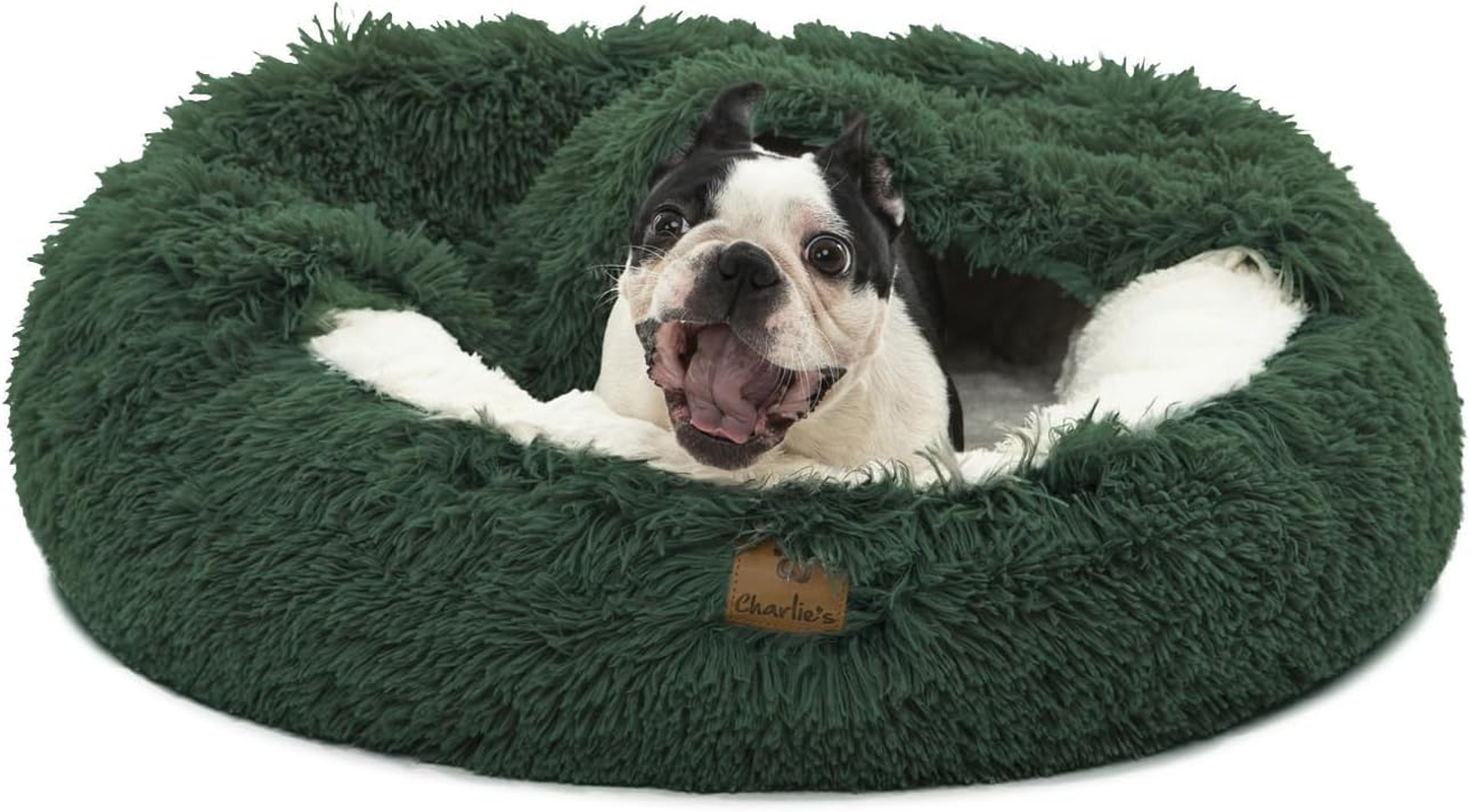 Charlies Snookie Calming Hooded Faux Fur Calming Dog Bed Unique Calming Calming Hooded Design Anti-Anxiety Vegan Base Filling Is 100% Recycled Polyester Eden Green - Large 90X90X25Cm