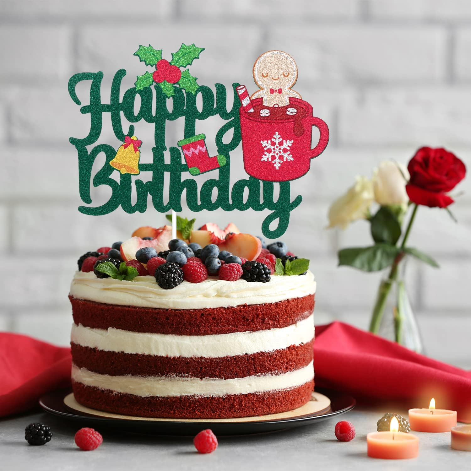 Christmas Happy Birthday Cake Topper - Winter Frozen Glitter Snowflakes Cake Supplies - Baby Shower Kids Birthday Christmas Party Decoration image number 4