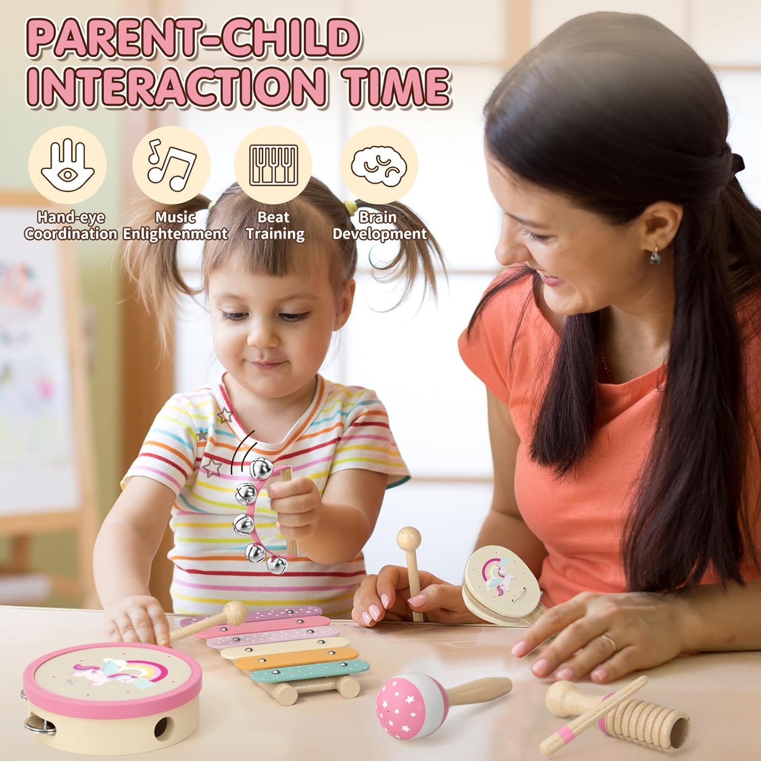 Lehoo Castle Wooden Montessori Musical Instruments Set, Toddler Toys with Xylophone, Tambourine, Drum, Clarinet, Hand Bells, Unicorn Theme image number 5