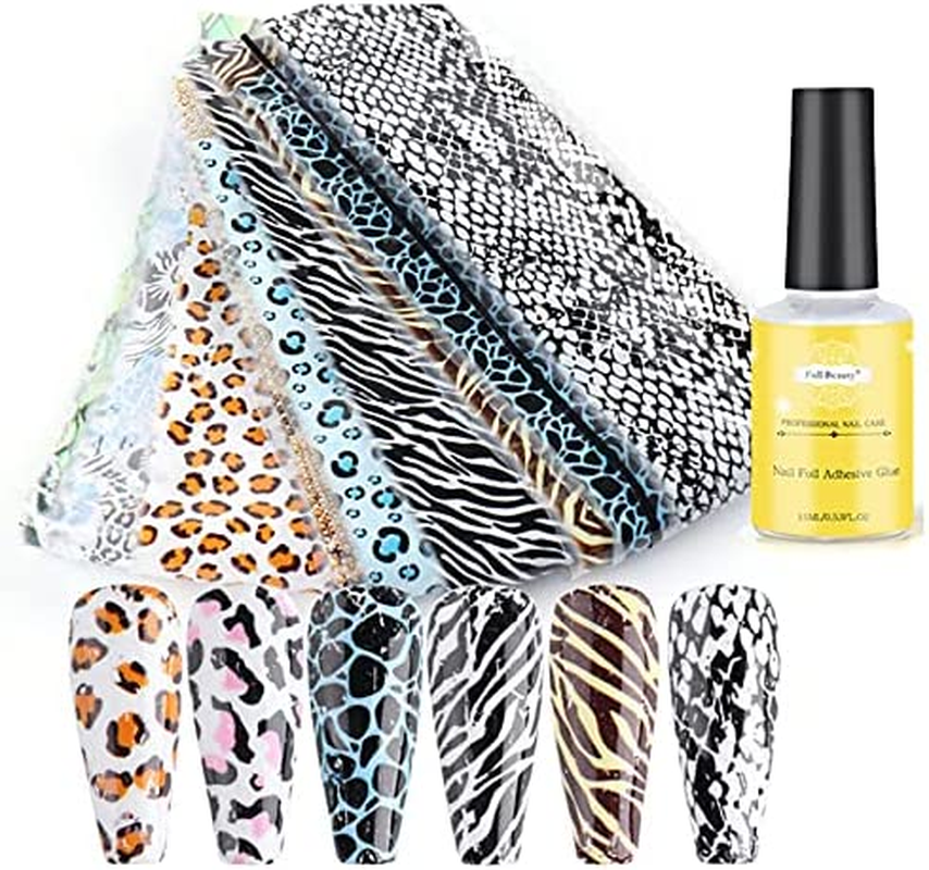 10 Styles Animal Prints Pattern Transfer Foil Sheet Set with Star Glue Nail Art Sticker Beauties Factory Kit Leopard Zebra Snake Peacock image number 2