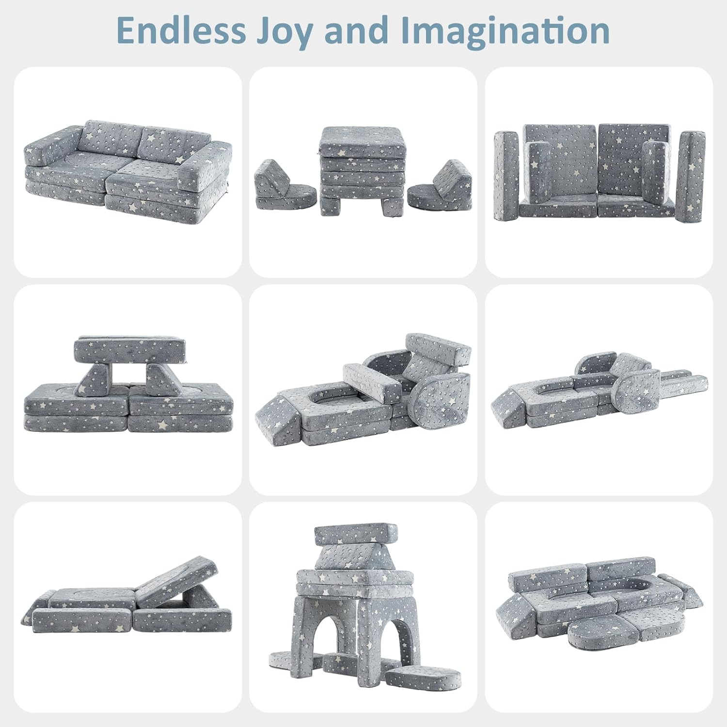 INFANS Modular Kids Play Couch, 8 PCS Toddler Creative Sectional Building Sofa for Playroom, Children Convertible Versatile Soft Foam Furniture Playset Crawling Cushion (Grey-Fluorescent, 10 PCS) image number 6