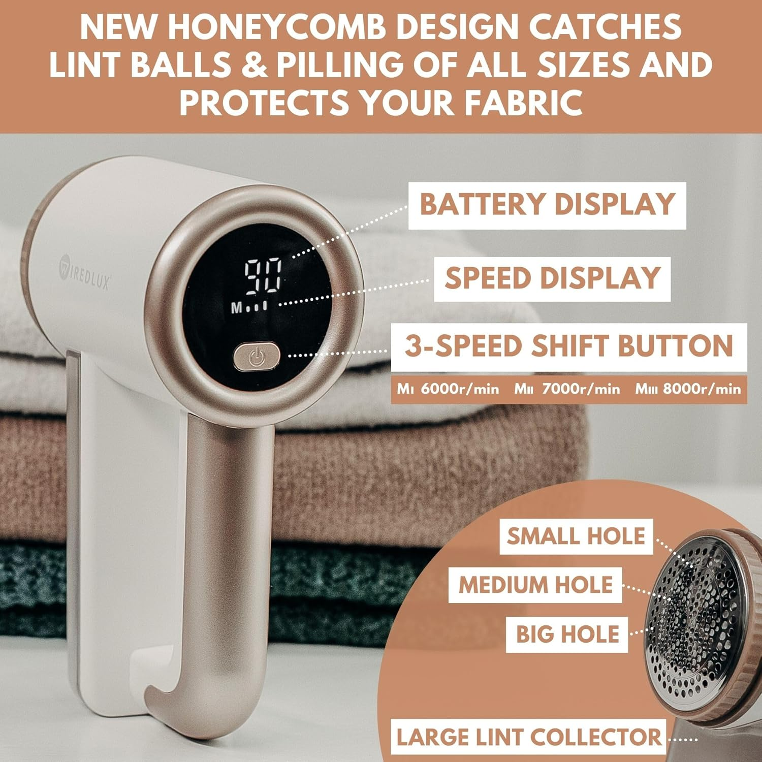 Electric Lint Remover Wiredlux - Rechargeable Fabric Shaver Bobble Remover for Clothes & Furniture - Adjustable 3-Speed, 6-Leaf Blade, LED Display, USB Charging (White) image number 3