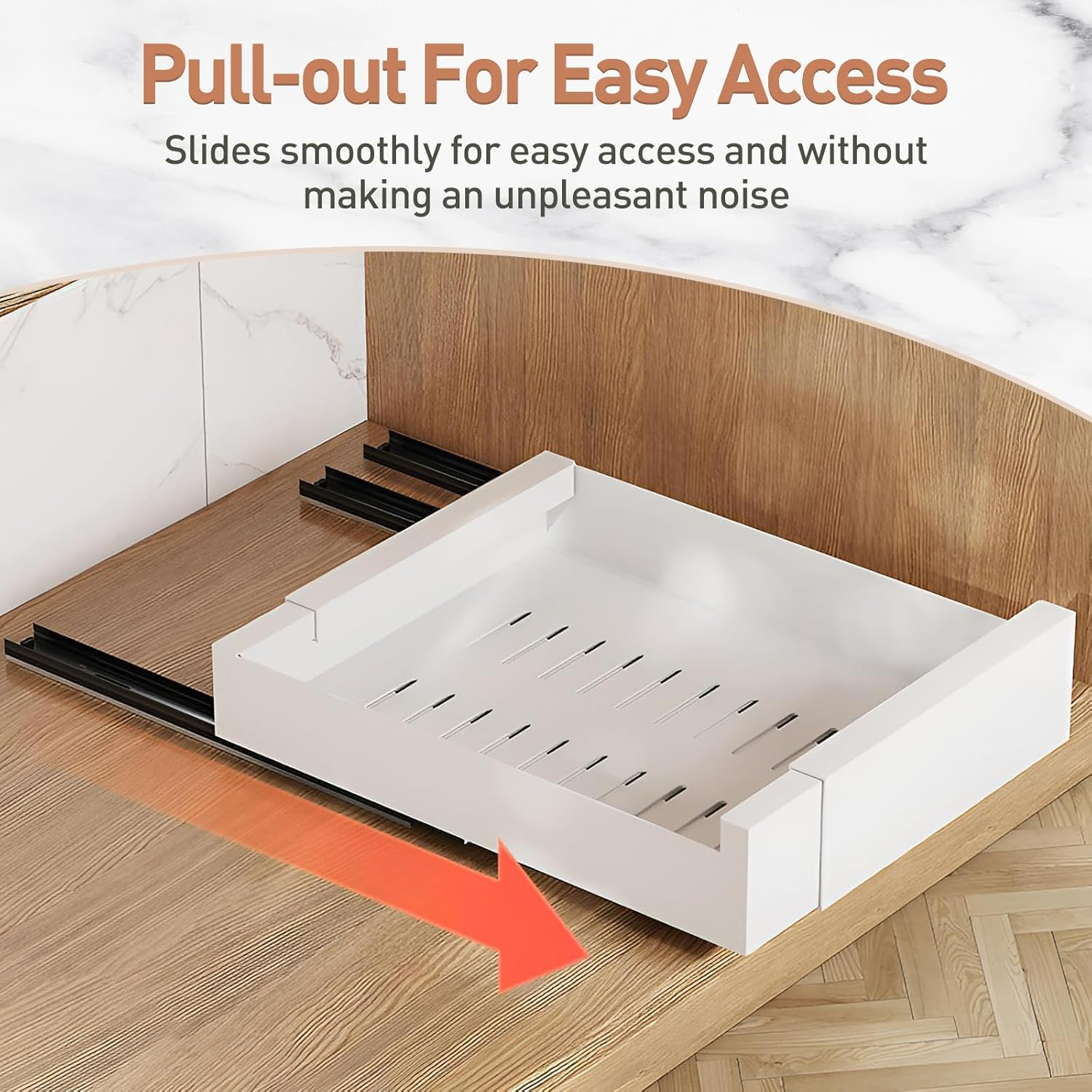 Expandable (12.6"-20.5") Pull Out Cabinet Organizer Sliding Drawer Kitchen Storage, Pantry Shelves Adjustable Peel and Stick Slide Out Drawers, Heavy Duty Adhesive Retractable Bathroom Rack image number 2