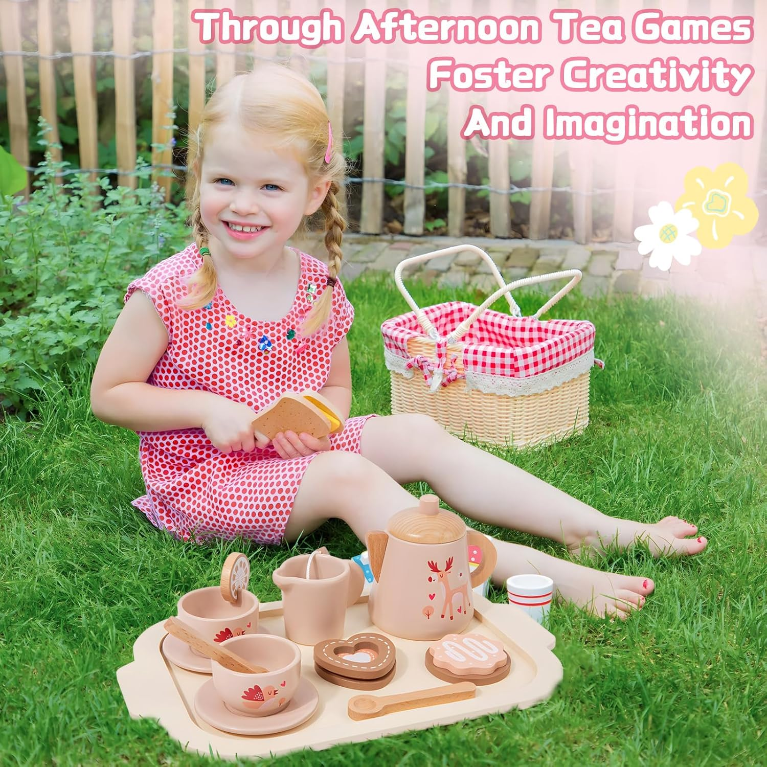 Wooden Tea Party Set for Little Girls, Play Kitchen Accessories for Toddlers Princess Tea Time Party Food Toys for 3 4 5 6 Years Old Gifts image number 3