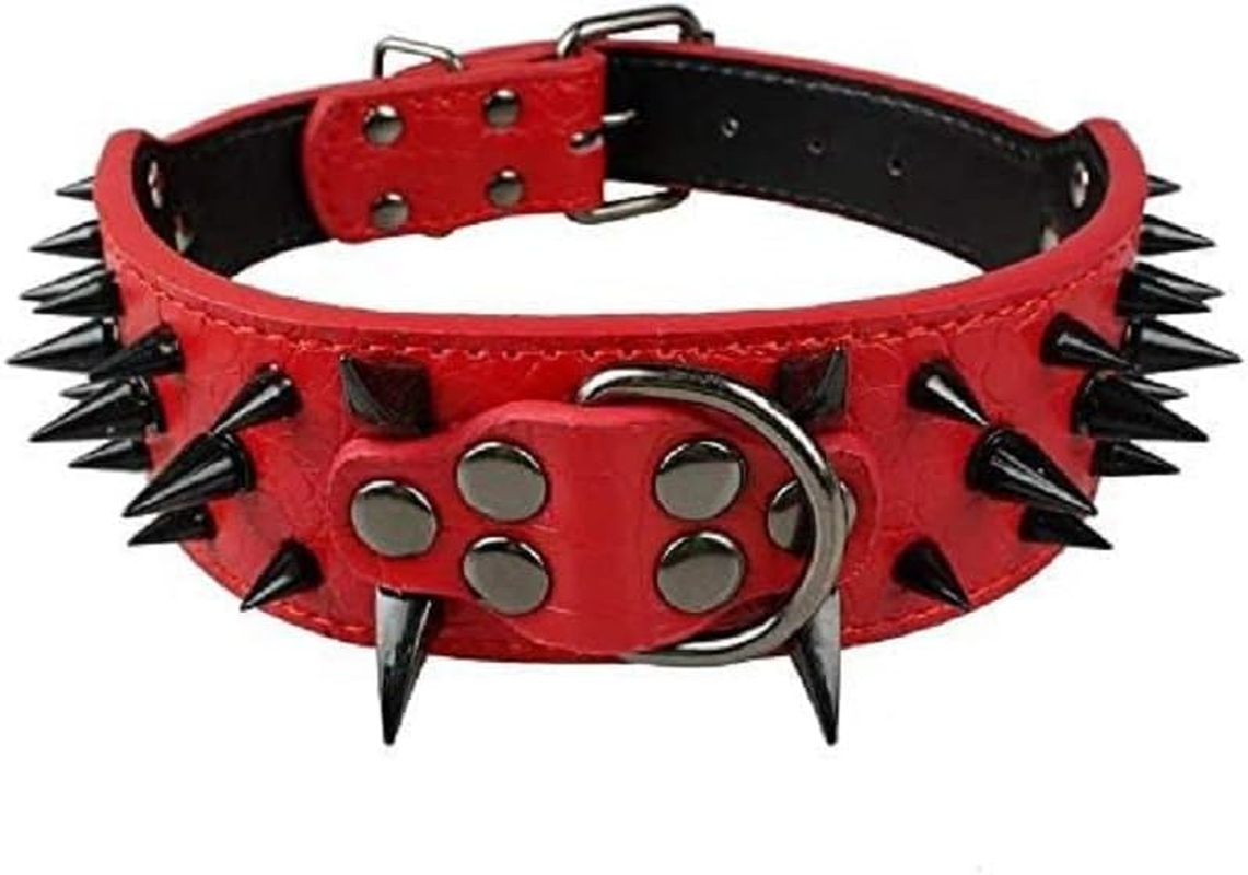 Pet Black Spiked Studded Dog Collar, Padded PU Leather Collars Medium Large Dogs (Red, XS)