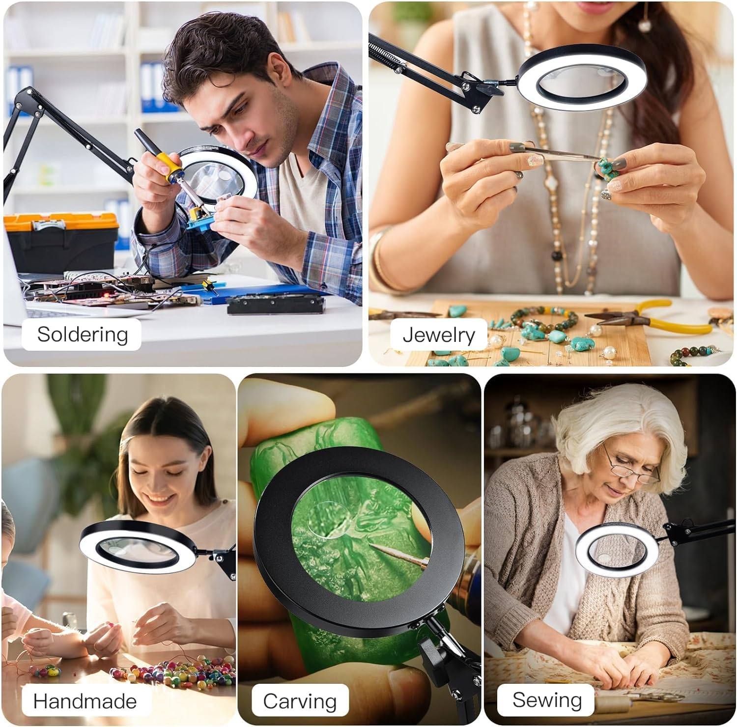 10X Magnifying Glass with Light and Stand, Magnifying Led Desk Lamp, Adjustable Color and Brightness Reading Light Ring Light for Repair, Crafts, Soldering (Black, Rectangle Base & Clamp) image number 2