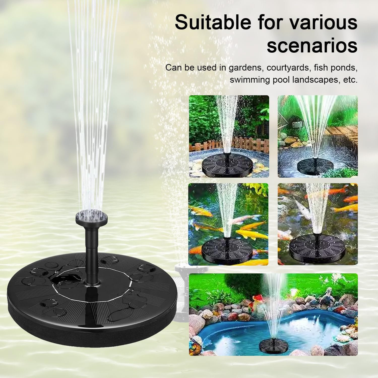 2024 Upgraded Garden Solar Fish Pond Fountain, 16CM Solar Powered Bird Bath Fountain, DIY Solar Fountain Pump with 6 Nozzles Floating Fountain, for Water Feature Outdoor, Garden, Fish Tank image number 3