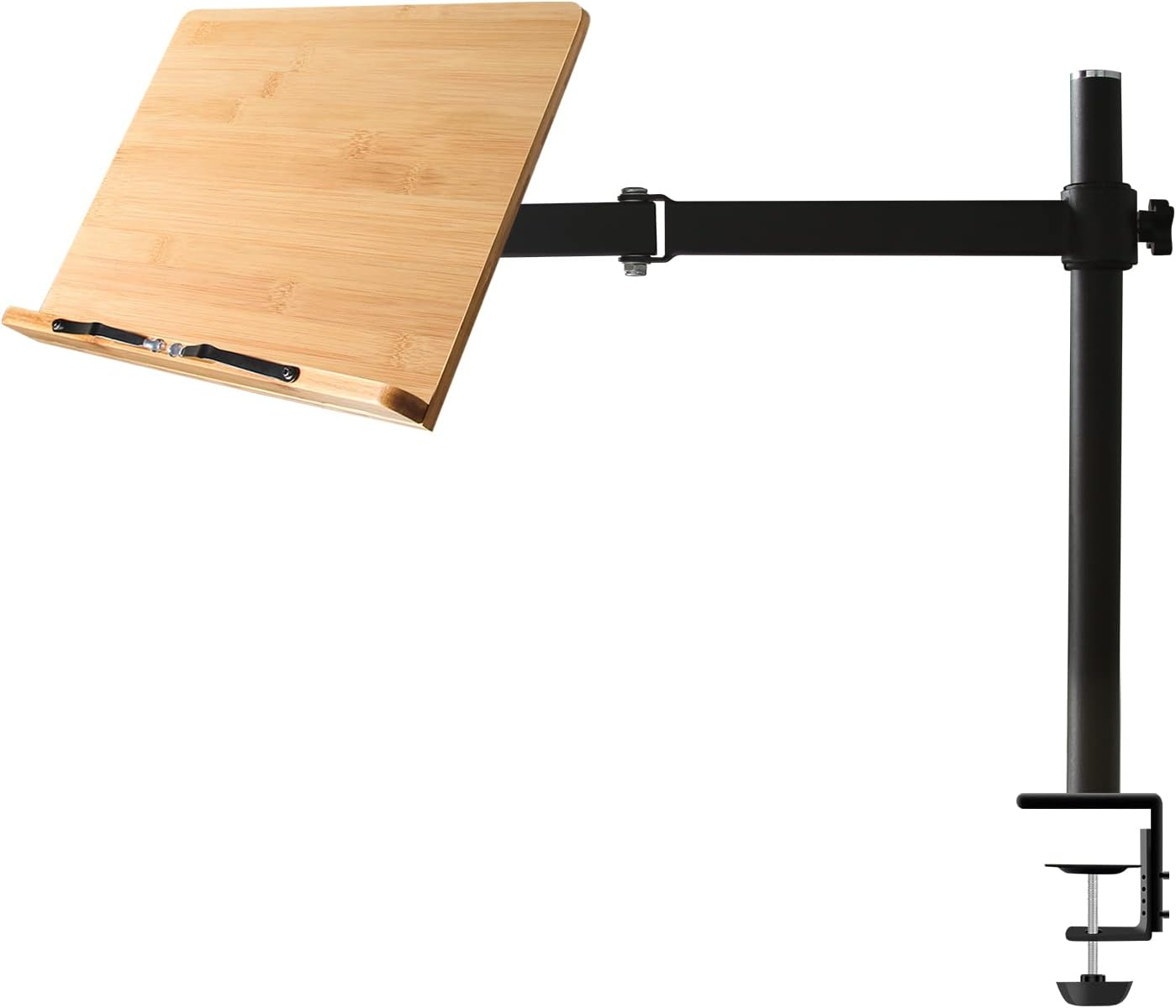 Wishacc Bamboo Book Stand Height Adjustable with Clamp, Table Side Cookbook Rest - Desktop Reading Mount Holder with Sturdy Page Clips 11 X 8.1 Inch