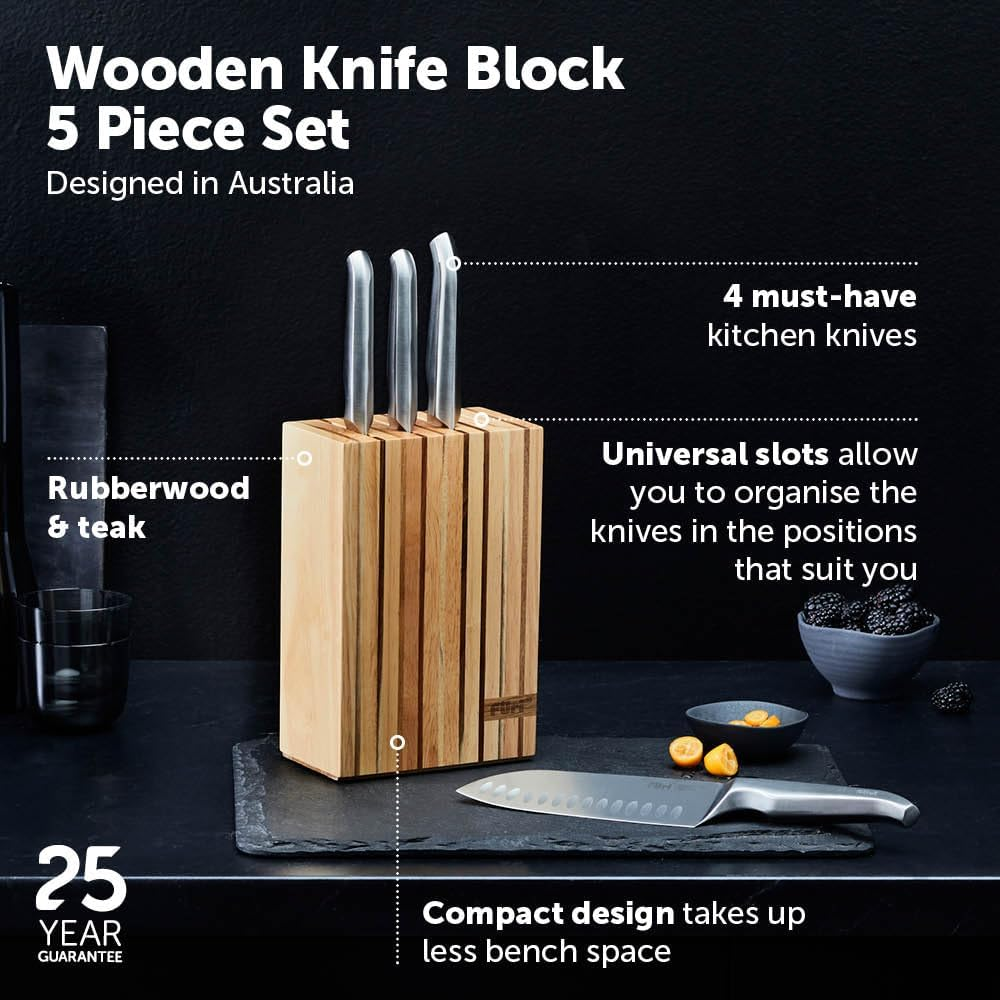 Furi Pro Wooden Knife Block Set 5 Pc, Rubberwood and Teak Knife Block with Four Premium Knives for a Superior Cutting Performance, Stainless Steel Blades, Ergonomic Reverse-Wedge, Anti-Fatigue Handle