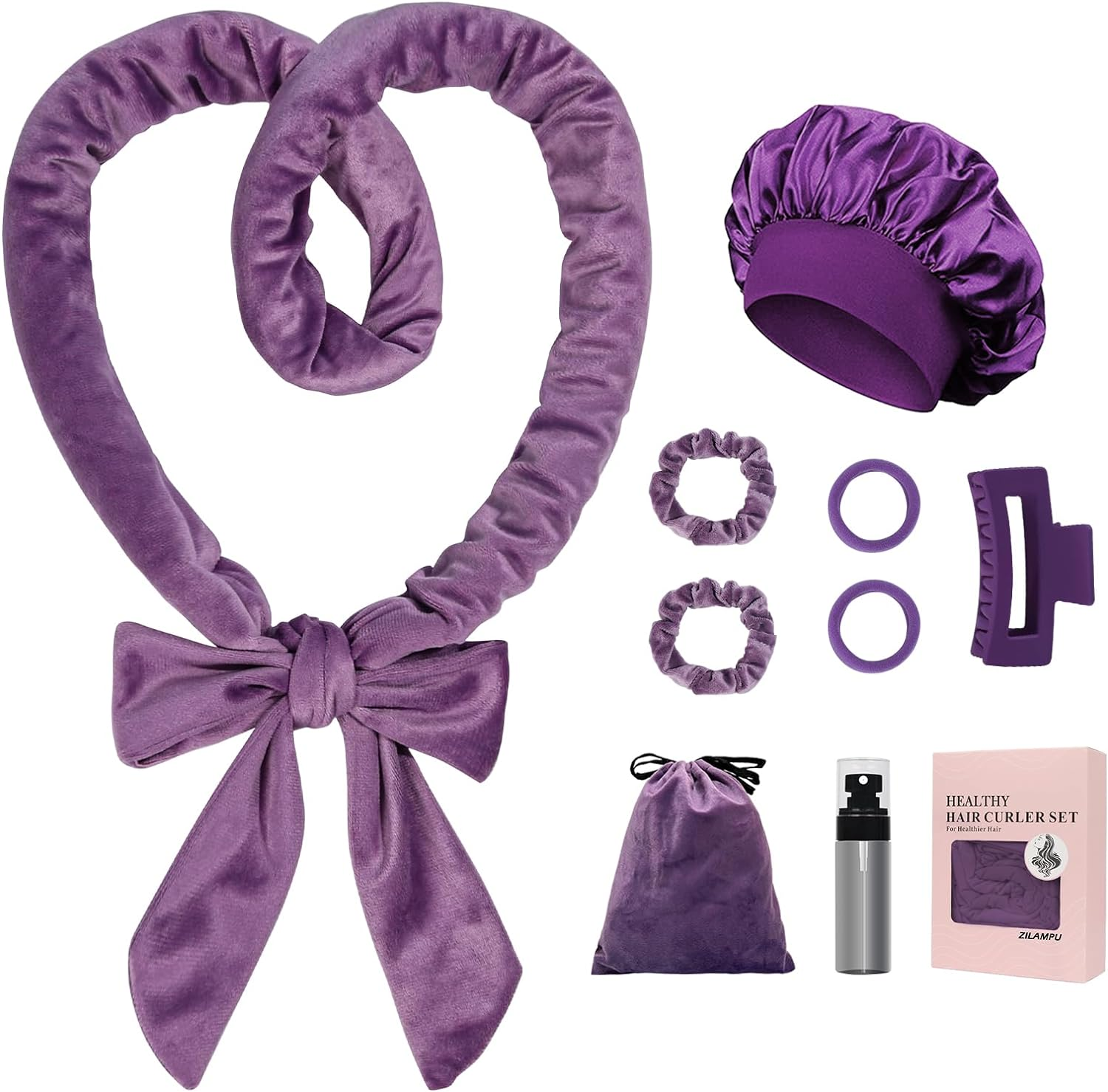 ZILAMPU Heatless Hair Curler, Heatless Hair Curlers to Sleep in Overnight Curls Headband, 70" Long Soft No Heat Curling Headband for Women Girl Long Wave Hair Rollers, 9 PCS Heatless Curl Set -Purple - Leopard Print image number 6