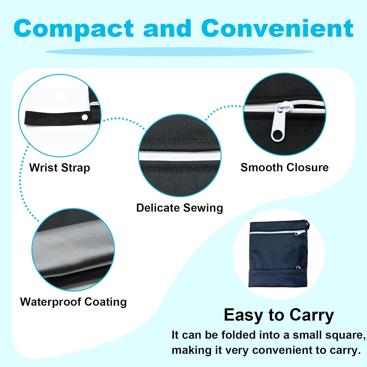 2 Pack Travel Laundry Bag with 2 Zippered Pockets & Handle 39 * 45Cm Water-Resistant Wet Dry Bags for Dirty Clothes, Gym, Swimming, Yoga, Bathing Suits (Black + Grey) - 1 Black + 1 Wave Pattern image number 4