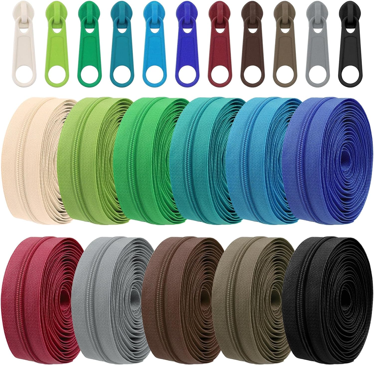 Tanstic 121Pcs(11 Sets) 33 Yards #3 Nylon Coil Zippers with Zipper Sliders Assortment Kit, 11 Colors Sewing Zippers Zipper Tape Nylon Zippers Bulk with Zipper Heads for Tailor Sewing Crafts image number 2