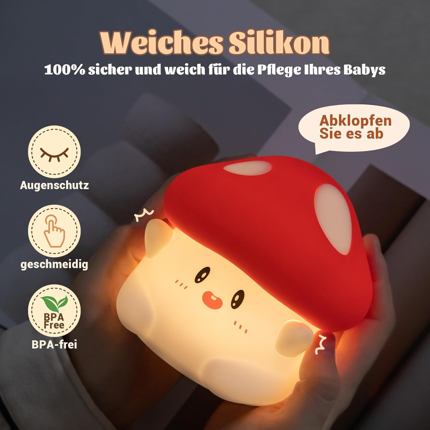 Mushroom Night Light, Cute LED Squishy Night Lamp, 2 Levels Dimmable, Rechargeable, Timer, White Silicone - White image number 4