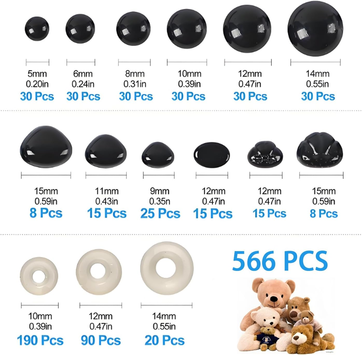 566 Handmade Doll Eye and Nose Accessory Set:Includes 300 Reinforcement Pads,180 Pairs of Safety Eyes,86 Noses for Teddy Bears,Plush Dolls and DIY Crochet Kits (Black)