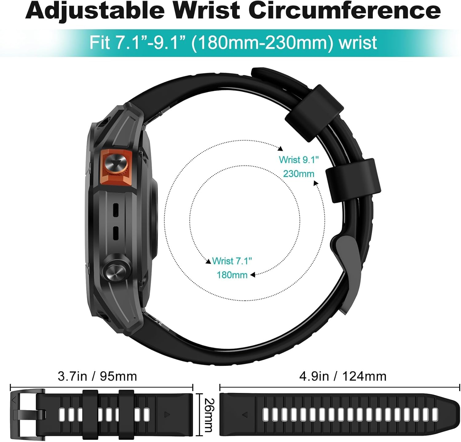 Replacement Strap Compatible with Garmin Fenix 7X Band, 26Mm Sport Bands for Fenix 6X, Easy Fit Strap for Fenix 5X, Soft Silicone Watch Bands for Fenix 7X Pro,Instinct 2X - Black image number 2