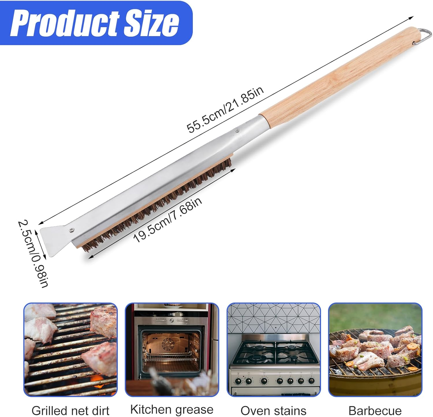 Pizza Oven Brush with Scraper Long Handle, 21.9Inch Long Pizza Oven Brush with Coconut Fibre Bristles for Outdoor Pizza Ovens with Hanging Ring, Easy to Install image number 5