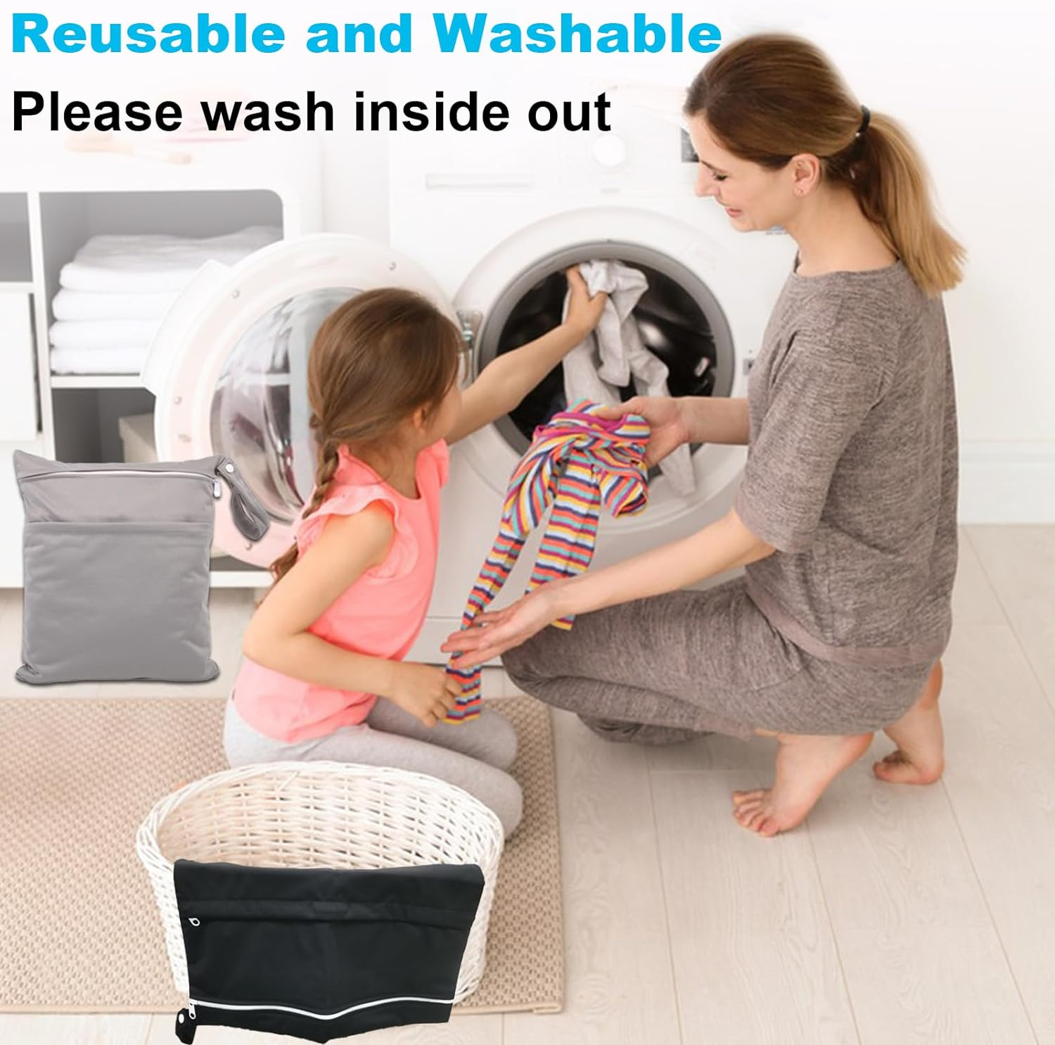 2 Pack Travel Laundry Bag with 2 Zippered Pockets & Handle 39 * 45Cm Water-Resistant Wet Dry Bags for Dirty Clothes, Gym, Swimming, Yoga, Bathing Suits (Black + Grey) - 1 Black + 1 Wave Pattern image number 2