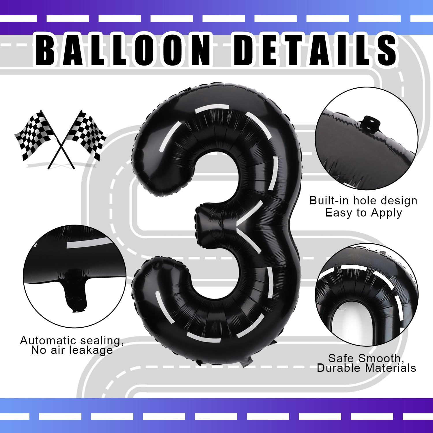 Race Car Balloon Number, 40 Inches Large Black Racetrack Number Balloon Race Car Birthday Balloons Race Car Theme Party Decorations for Boys' Birthday Party Baby Shower (3) image number 3