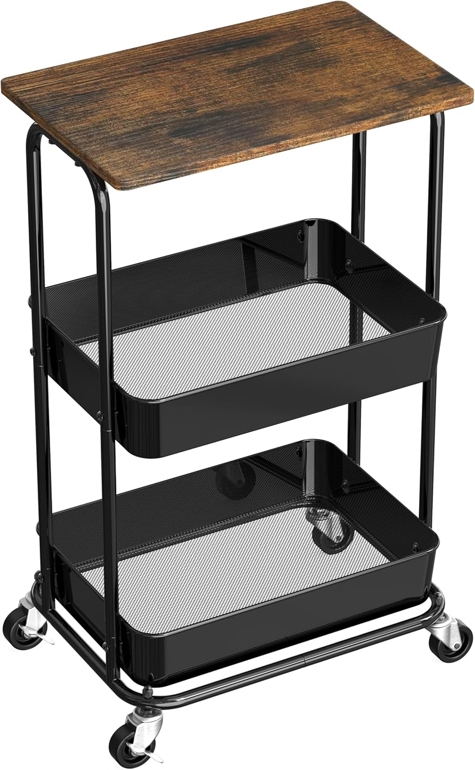 Simple Houseware 3 Tier Trolley Cart with Top Board, Metal Utility Cart, Maple