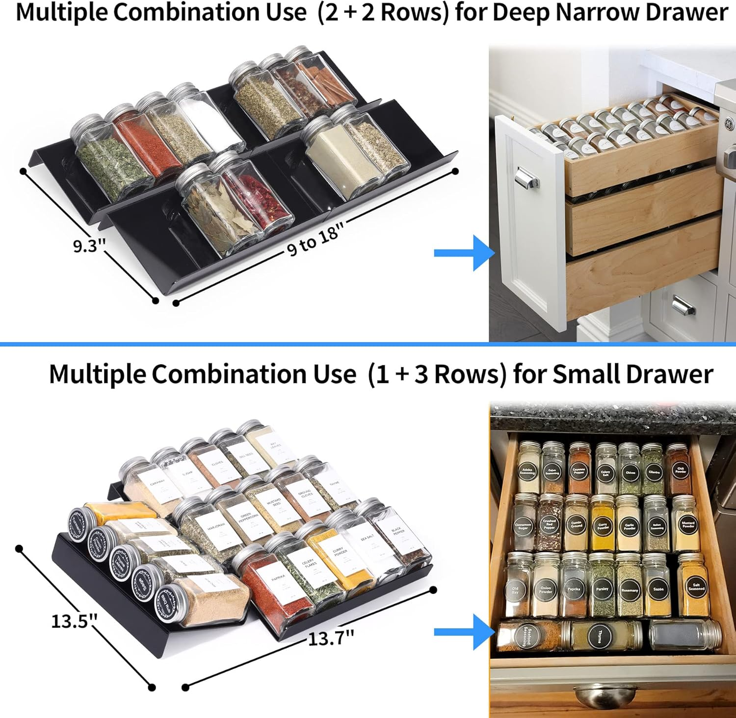MIUKAA Spice Drawer Organizer, Black Acrylic 4 Tier 2 Set Expandable from 9" to 18" Seasoning Jars Drawers Insert, Kitchen Spice Rack Tray for Drawer/Countertop(Jars Not Included) image number 2